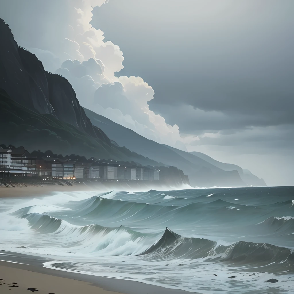 sea beach, overcast day, very heavy rain, Panicked tourists, tidal waves, Ukiyo-e --auto