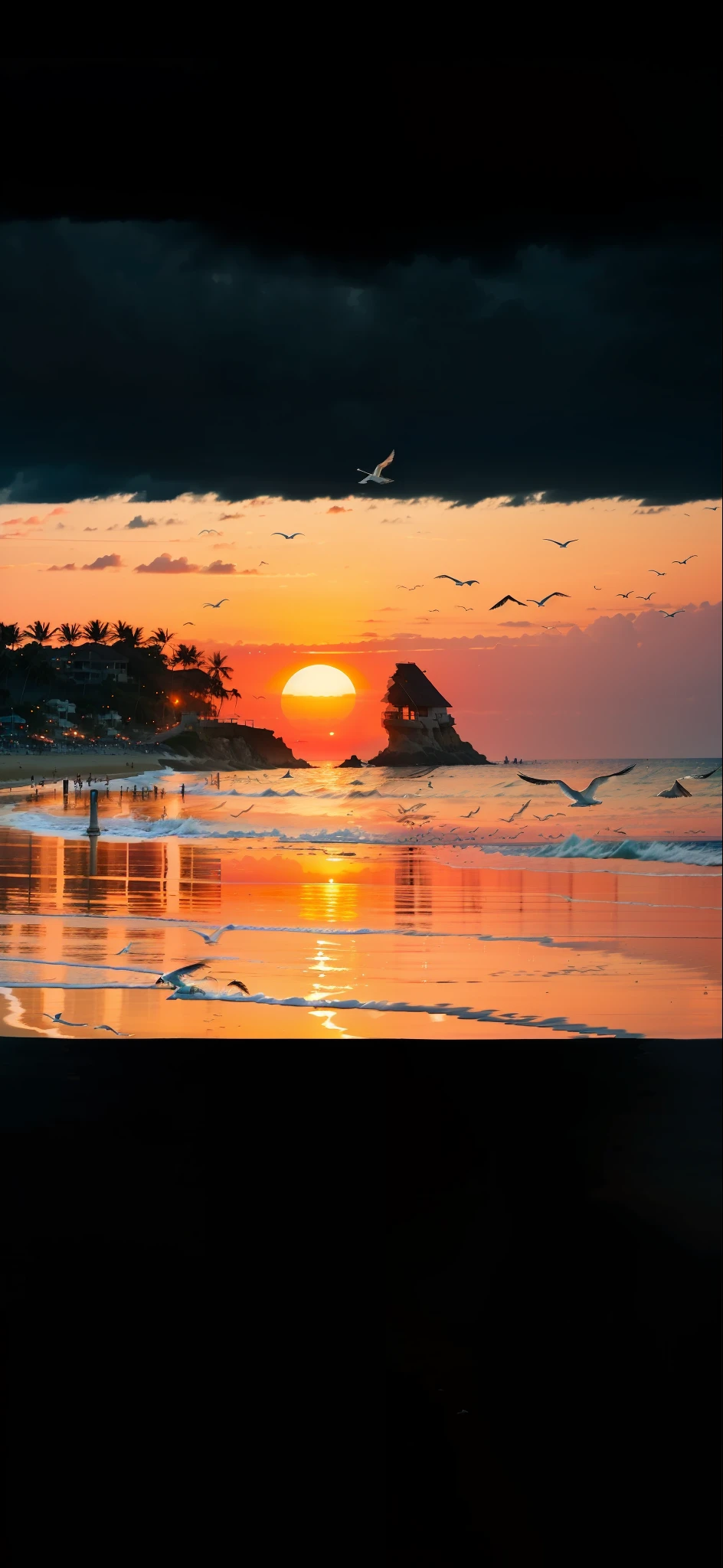 An absolutely mesmerizing sunset on the beach, with a mix of orange, pink, and yellow in the sky. The water is crystal clear, gently kisses the coast, and the white sand is endless. The scene is dynamic and breathtaking, with seagulls soaring high in the sky and palm trees swaying softly. Immerse yourself in the calm atmosphere and let the serenity surround you.