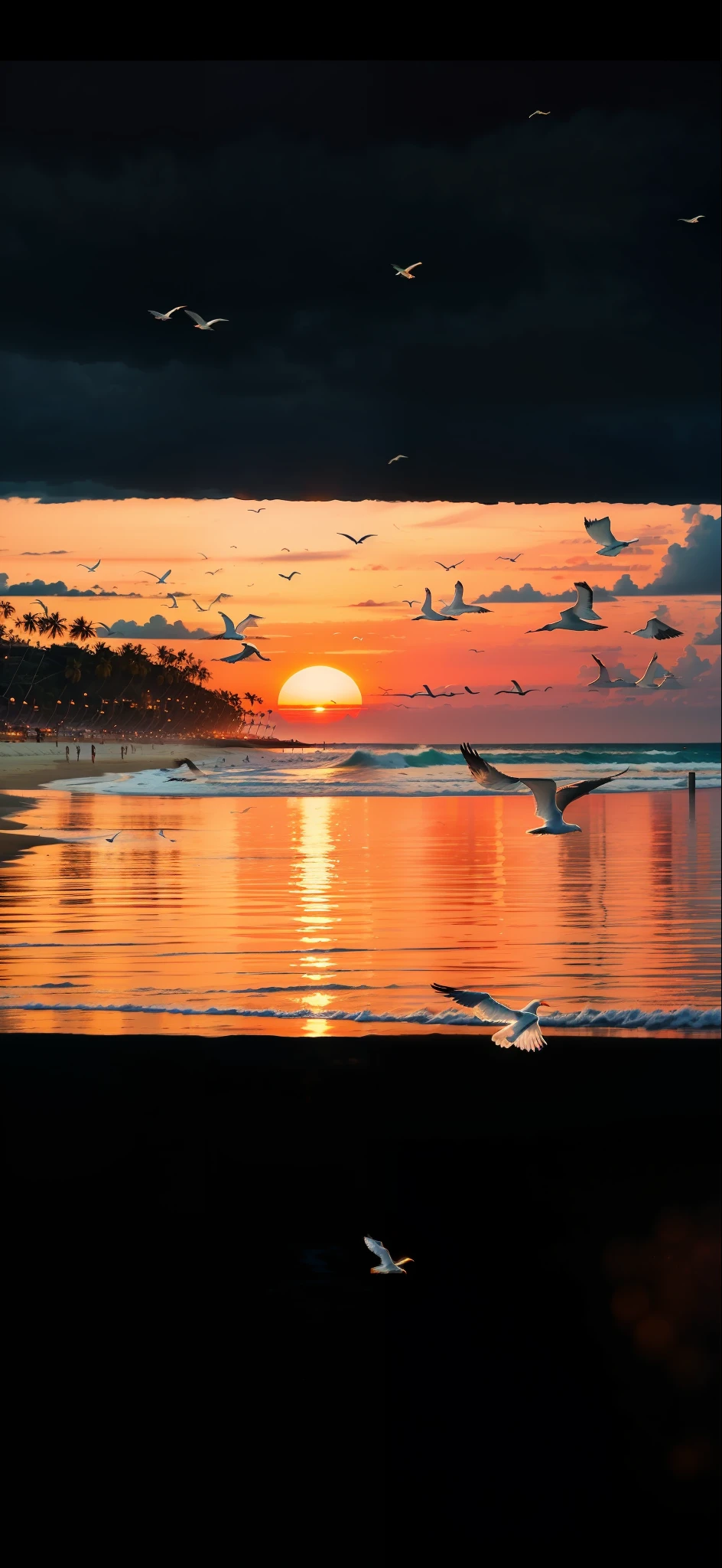 An absolutely mesmerizing sunset on the beach, with a mix of orange, pink, and yellow in the sky. The water is crystal clear, gently kisses the coast, and the white sand is endless. The scene is dynamic and breathtaking, with seagulls soaring high in the sky and palm trees swaying softly. Immerse yourself in the calm atmosphere and let the serenity surround you.