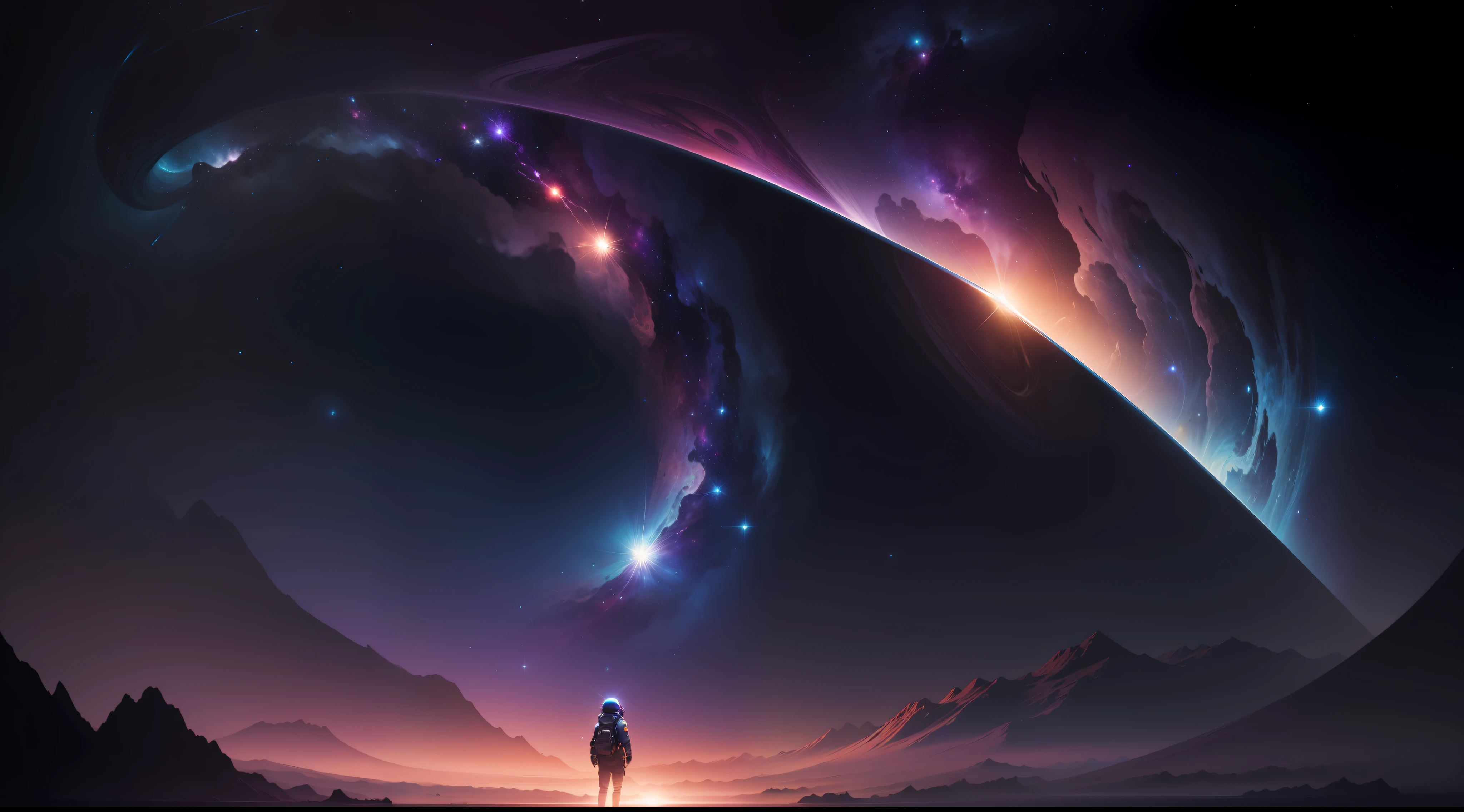 "Create a visually stunning wallpaper titled 'Celestial Serenity.' This artwork should portray a mesmerizing night sky that transcends earthly limitations, revealing a realm of celestial wonders. The vast backdrop must showcase an ethereal galaxy stretching across the expanse, adorned with shimmering stars of various sizes and hues, glistening like cosmic diamonds.
Include a resplendent nebula gracefully weaving through the scene, casting vivid hues of deep blues, vibrant purples, and celestial pinks. The tendrils of the nebula should delicately embrace the stars, alluding to the mystical forces of creation that govern the universe.
In the foreground, place an awe-inspiring celestial body radiating an enchanting glow, illuminating the surrounding space. It could be a distant planet, an undiscovered moon, or a fantastical celestial object born from the depths of the artist's imagination.
Within this cosmic beauty, incorporate a lone astronaut suspended in space, dressed in a futuristic suit that reflects the illumination of the celestial body. The astronaut's visor should offer a glimpse of their expression, capturing the sense of wonder and awe at the universe's splendor.
At the bottom of the artwork, add a serene cosmic ocean that stretches towards the horizon, reflecting the glimmering stars above. Gentle ripples of light should play upon its surface, contributing to an overall sense of tranquility.
The composition of the wallpaper should inspire viewers with a spirit of cosmic exploration, wonder, and peace. The blend of space's mystique and the lone astronaut's presence aims to encourage contemplation of their place in the vastness of the universe and the profound interconnectedness of all beings.
