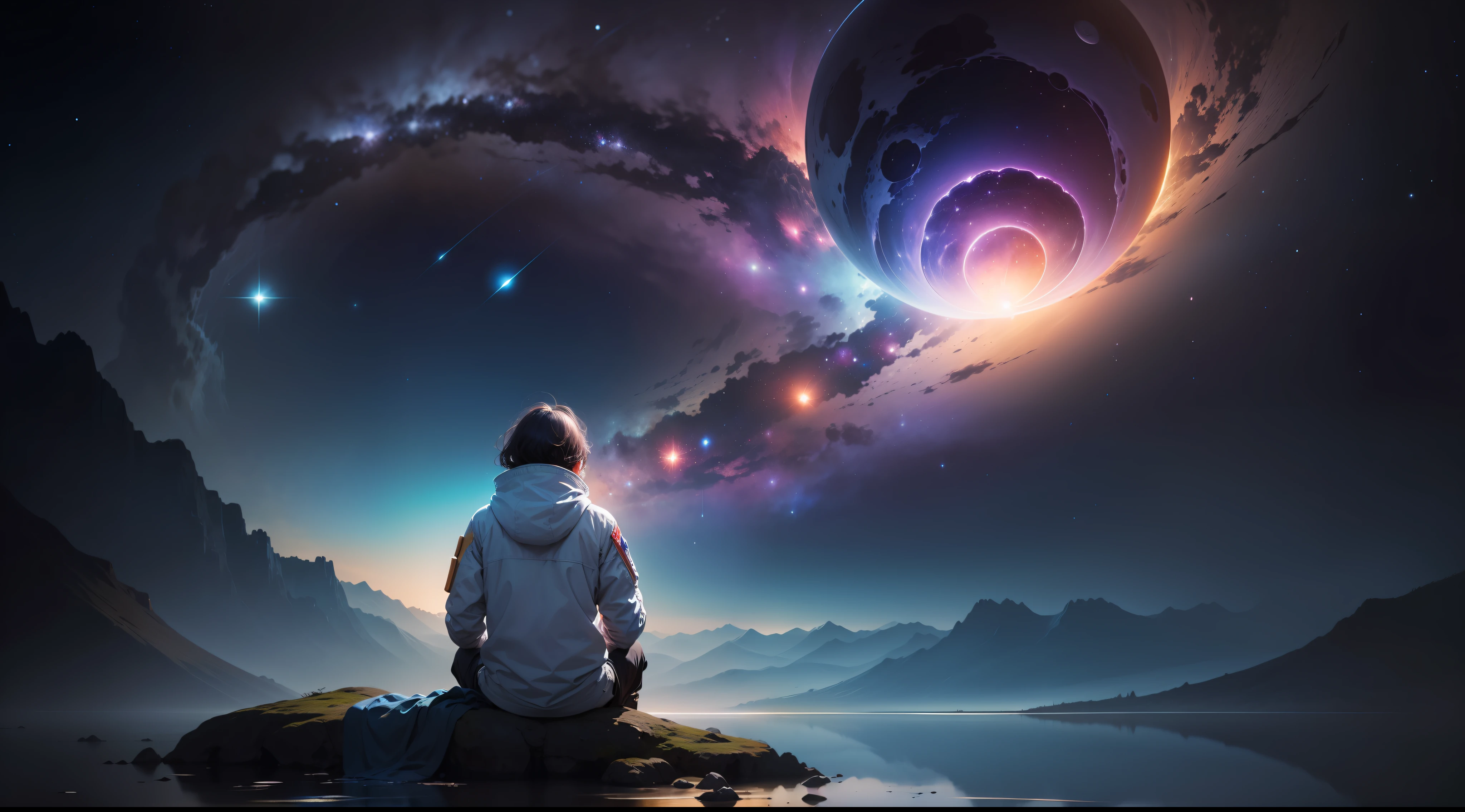 "Create a visually stunning wallpaper titled 'Celestial Serenity.' This artwork should portray a mesmerizing night sky that transcends earthly limitations, revealing a realm of celestial wonders. The vast backdrop must showcase an ethereal galaxy stretching across the expanse, adorned with shimmering stars of various sizes and hues, glistening like cosmic diamonds.

Include a resplendent nebula gracefully weaving through the scene, casting vivid hues of deep blues, vibrant purples, and celestial pinks. The tendrils of the nebula should delicately embrace the stars, alluding to the mystical forces of creation that govern the universe.

In the foreground, place an awe-inspiring celestial body radiating an enchanting glow, illuminating the surrounding space. It could be a distant planet, an undiscovered moon, or a fantastical celestial object born from the depths of the artist's imagination.

Within this cosmic beauty, incorporate a lone astronaut suspended in space, dressed in a futuristic suit that reflects the illumination of the celestial body. The astronaut's visor should offer a glimpse of their expression, capturing the sense of wonder and awe at the universe's splendor.

At the bottom of the artwork, add a serene cosmic ocean that stretches towards the horizon, reflecting the glimmering stars above. Gentle ripples of light should play upon its surface, contributing to an overall sense of tranquility.

The composition of the wallpaper should inspire viewers with a spirit of cosmic exploration, wonder, and peace. The blend of space's mystique and the lone astronaut's presence aims to encourage contemplation of their place in the vastness of the universe and the profound interconnectedness of all beings.
