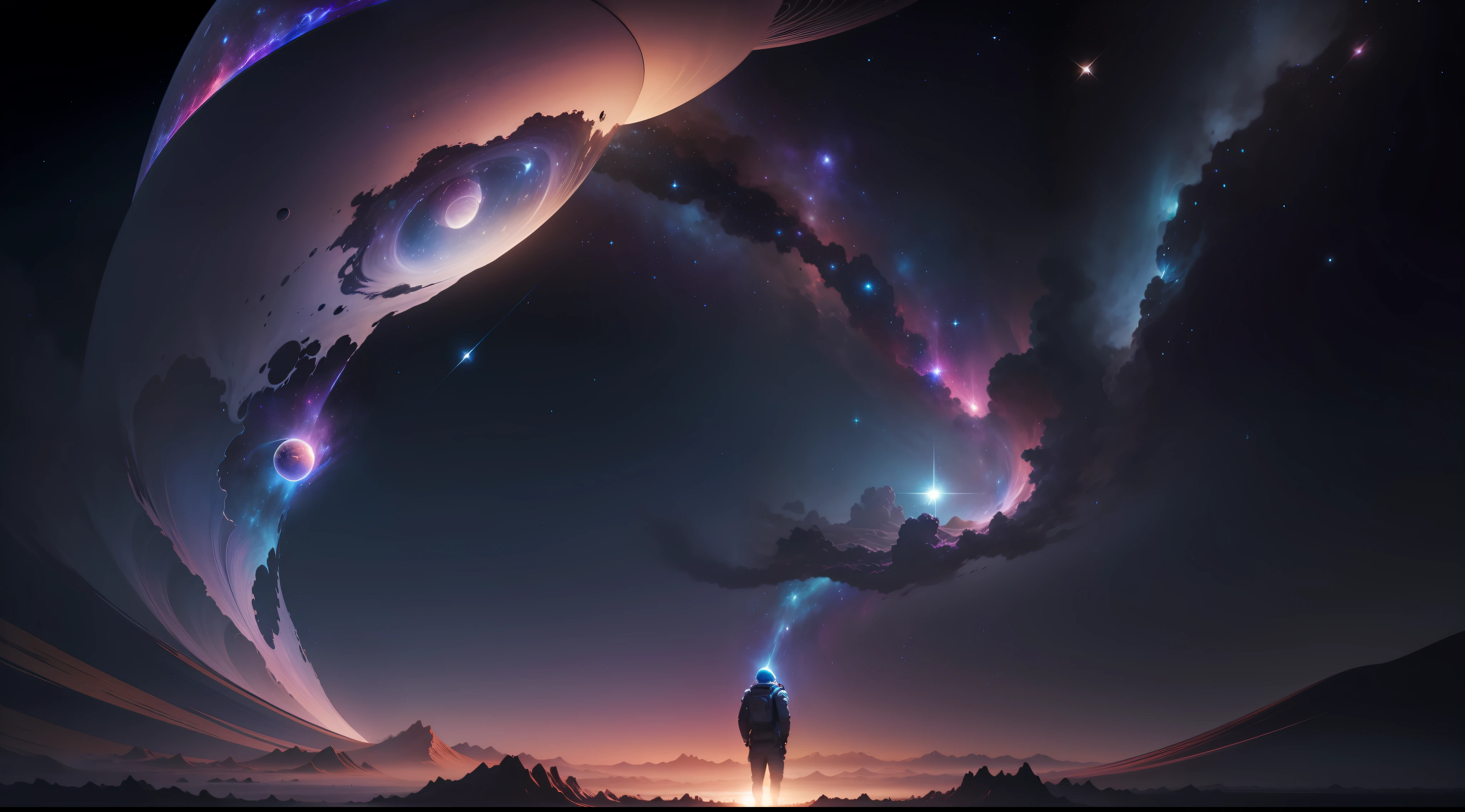 "Create a visually stunning wallpaper titled 'Celestial Serenity.' This artwork should portray a mesmerizing night sky that transcends earthly limitations, revealing a realm of celestial wonders. The vast backdrop must showcase an ethereal galaxy stretching across the expanse, adorned with shimmering stars of various sizes and hues, glistening like cosmic diamonds.
Include a resplendent nebula gracefully weaving through the scene, casting vivid hues of deep blues, vibrant purples, and celestial pinks. The tendrils of the nebula should delicately embrace the stars, alluding to the mystical forces of creation that govern the universe.
In the foreground, place an awe-inspiring celestial body radiating an enchanting glow, illuminating the surrounding space. It could be a distant planet, an undiscovered moon, or a fantastical celestial object born from the depths of the artist's imagination.
Within this cosmic beauty, incorporate a lone astronaut suspended in space, dressed in a futuristic suit that reflects the illumination of the celestial body. The astronaut's visor should offer a glimpse of their expression, capturing the sense of wonder and awe at the universe's splendor.
At the bottom of the artwork, add a serene cosmic ocean that stretches towards the horizon, reflecting the glimmering stars above. Gentle ripples of light should play upon its surface, contributing to an overall sense of tranquility.
The composition of the wallpaper should inspire viewers with a spirit of cosmic exploration, wonder, and peace. The blend of space's mystique and the lone astronaut's presence aims to encourage contemplation of their place in the vastness of the universe and the profound interconnectedness of all beings.