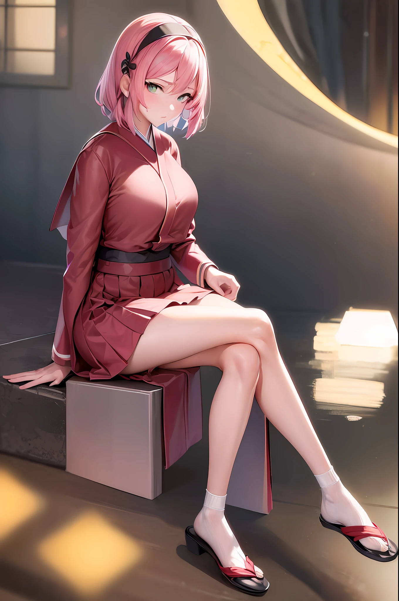 (Photorealsitic:1.4), a beautiful detailed girl, extremely detailed eye and face, beatiful detailed eyes, Ridiculous, unbelievable Ridiculous, huge filesize, ultra-detailliert, hight resolution, ighly detailed, top-quality, ​masterpiece, ((Japanese girls' high school uniform)), illustratio, ighly detailed, CG, unification, 8k wallpaper, magnifica, finely detail, ​masterpiece, top-quality, Highly detailed CG uniform 8k wallpaper, Light on the face、电影灯光、16yo girl、((witheout panties))、((dynamicposes)))、(camel's toe)、(half)、(panthyhose)、(Sitting on legs bending the knees))、Sakura Haruno,A pink-haired,shorth hair,Red headband,Green eyes