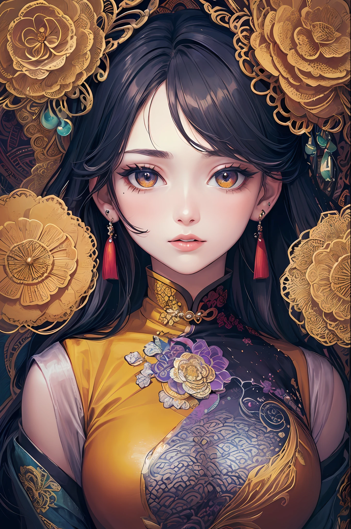 (masterpiece, top quality, best quality, official art, beautiful and aesthetic:1.2), (1girl:1.3), extremely detailed,(fractal art:1.1),(colorful:1.1)(flowers:1.3),highest detailed,(zentangle:1.2), (dynamic pose), (abstract background:1.3), (chinese dress:1.2), (shiny skin), (many colors:1.4), ,(earrings:1.4),
