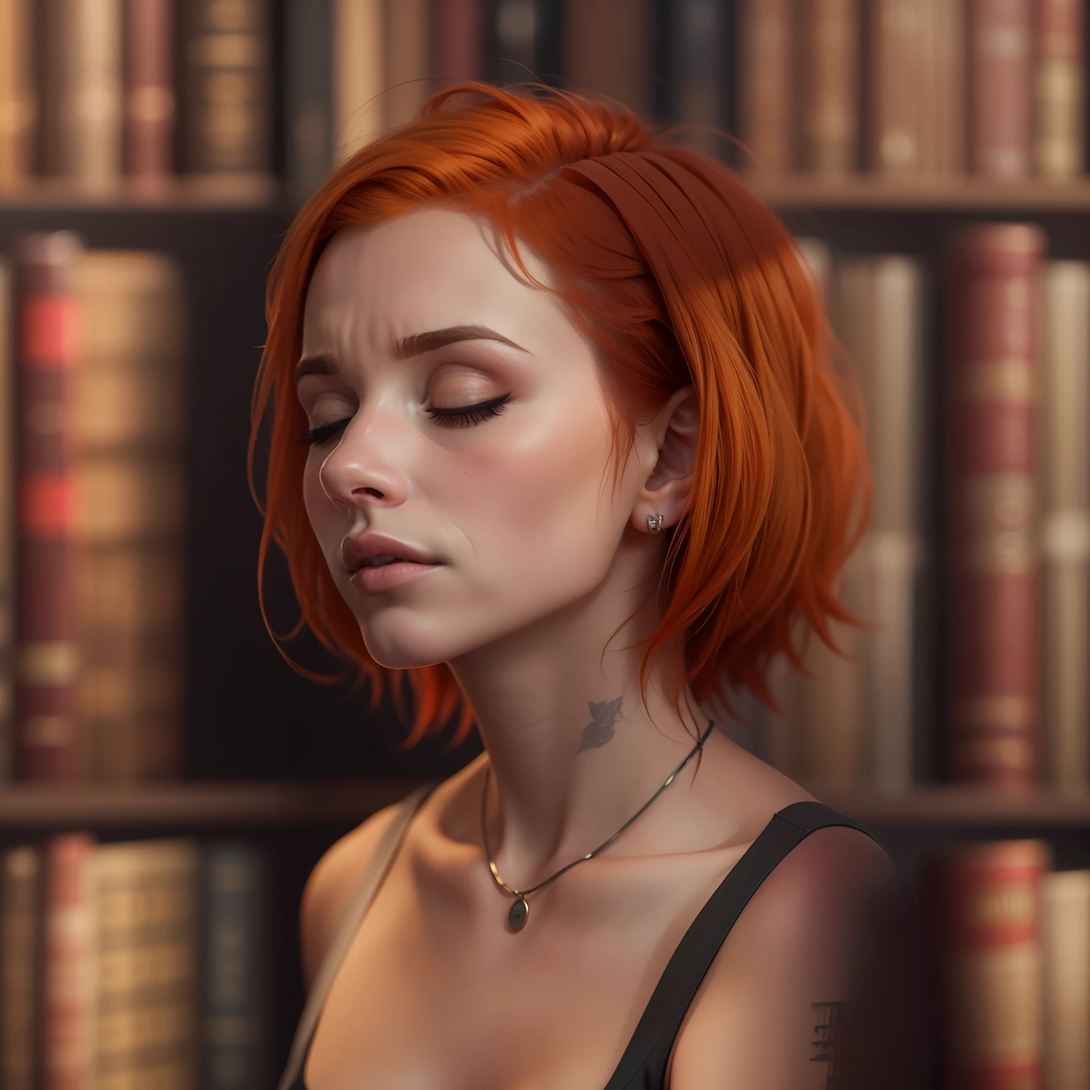 (((Hayley Williams has closed her eyes in exhaustion))), ((geschlossene Augen)), (sie sitzt in einer dunklen Bibliothek), ((she has round breasts)), (schwarzes Tanktop), (kleiner Kopf), ((detailliertes Gesicht)), (fotorealistisch), (Raytracing), (scharfer Fokus), ((natural realistic skin texture)), detaillierte Lippen