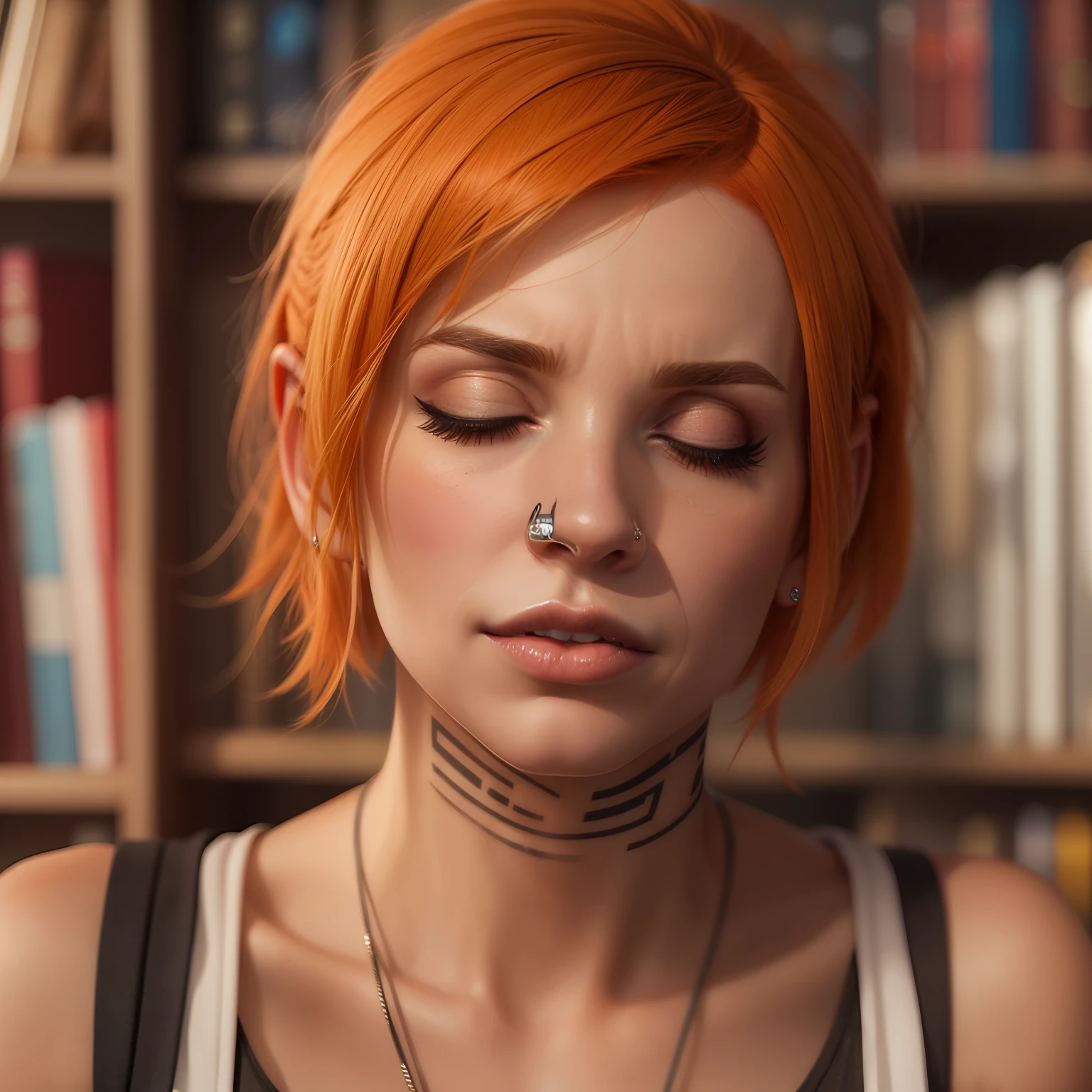 (((Hayley Williams has closed her eyes in exhaustion))), ((geschlossene Augen)), (sie sitzt in einer dunklen Bibliothek), ((she has round breasts)), (schwarzes Tanktop), (kleiner Kopf), ((detailliertes Gesicht)), (fotorealistisch), (Raytracing), (scharfer Fokus), ((natural realistic skin texture)), detaillierte Lippen