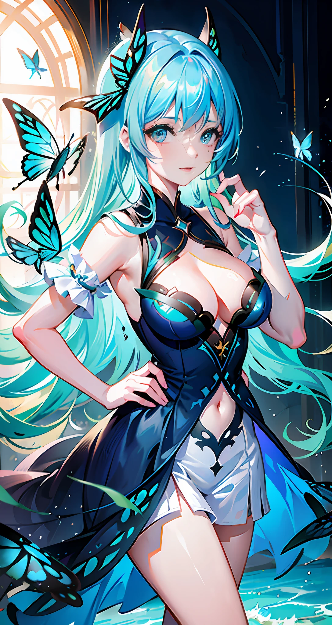 Anime girl with blue hair and butterflies on her head looking at her phone, Artgerm and Atey Ghailan, Extremely detailed Artgerm, ! There is a green hair，Woman with butterfly wings on her head, Ross Tran 8 K, Loish et WLOP, In the style of Ross Tran, Beautiful digital artwork, inspired by Ross Tran, beautiful fantasy art, Fantasy art style, loish and ross tran, Deviantart ArtStation CGSCOSIETY, Guviz-style artwork，watercolor paiting，Light green vs light blue，Create a cool atmosphere，Romantic light，Soft and shiny，Summer water lamp effect。Splash ink，Epic exquisite butterfly art，Amazing butterfly art