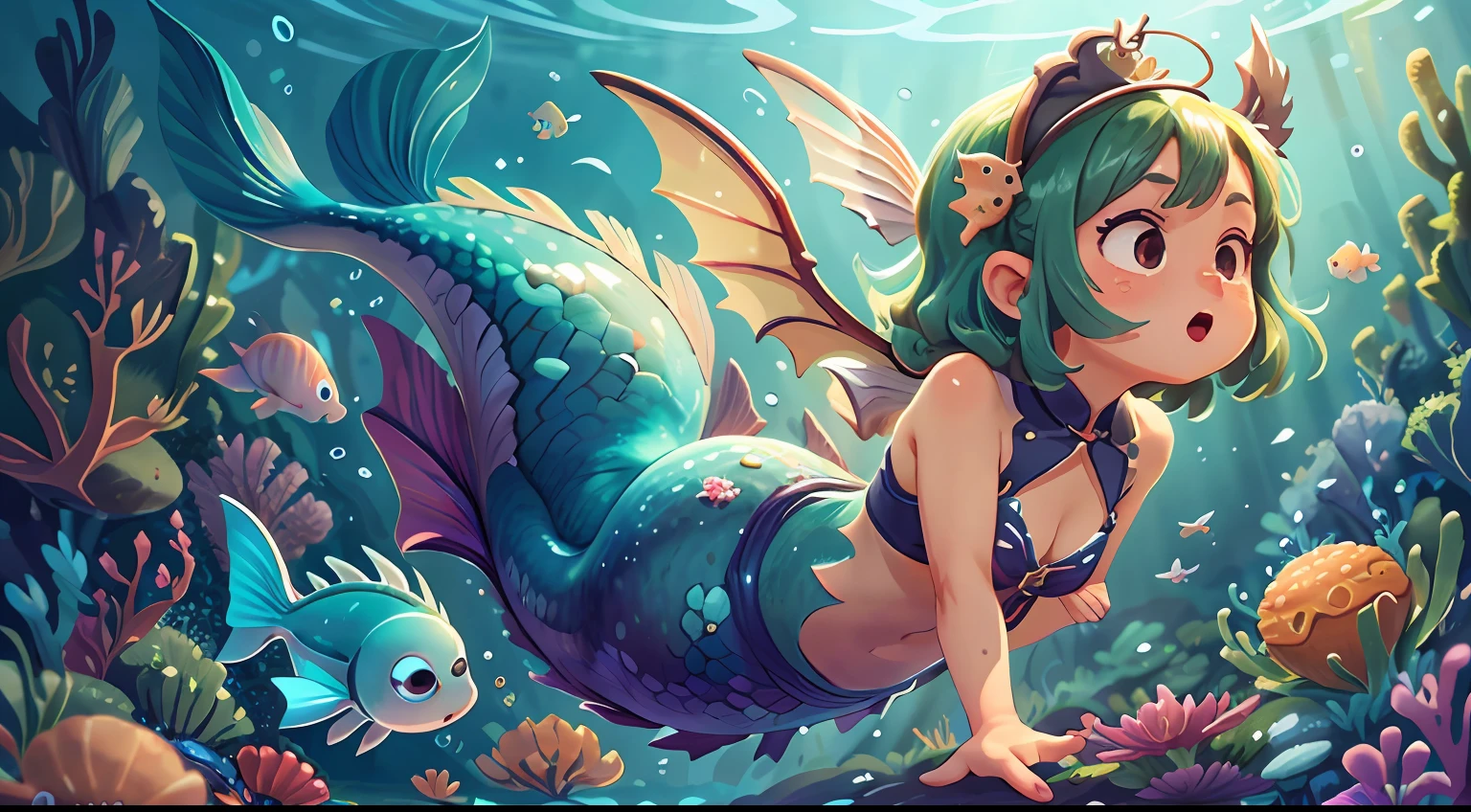 underwaterstyle((best qualtiy)), Movie rating, high qulity,face perfect,super detailing,HD focus,Extremely rich colors,mermaids,borgar, Flying fish, Circling, delicate wings, Dragon Spitfire, magia,