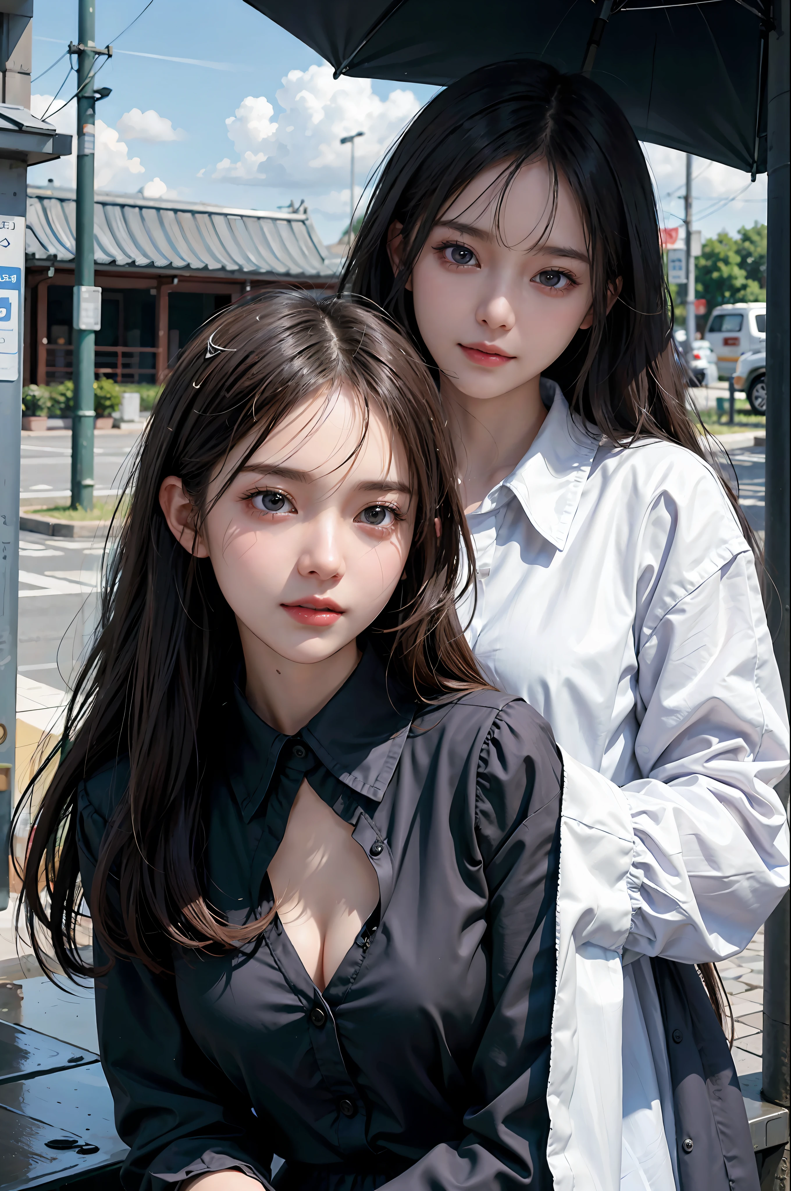 masterpiece, 1 beautiful girl, detailed eyes, puffy eyes, best quality, ultra high definition, (reality: 1.4), original photo, 1Girl, cinematic lighting, smile, Japan, asian beauty, korean, neat atmosphere, super beautiful, little young face, beautiful skin, slender, cyberpunk background, (ultra realistic), (high resolution), (8k), (very detailed), (best illustration) , (beautiful and detailed eyes), (super detailed), (wallpaper), (detailed face), look at the viewer, fine details, detailed face, pureerosfaceace_v1, smile, 46-point diagonal bangs, facing straight ahead, neat clothes, black colored eyes, hair wet in the rain, clothes (fashionable plain folding collar irregular shirt feeling dress), body facing forward,