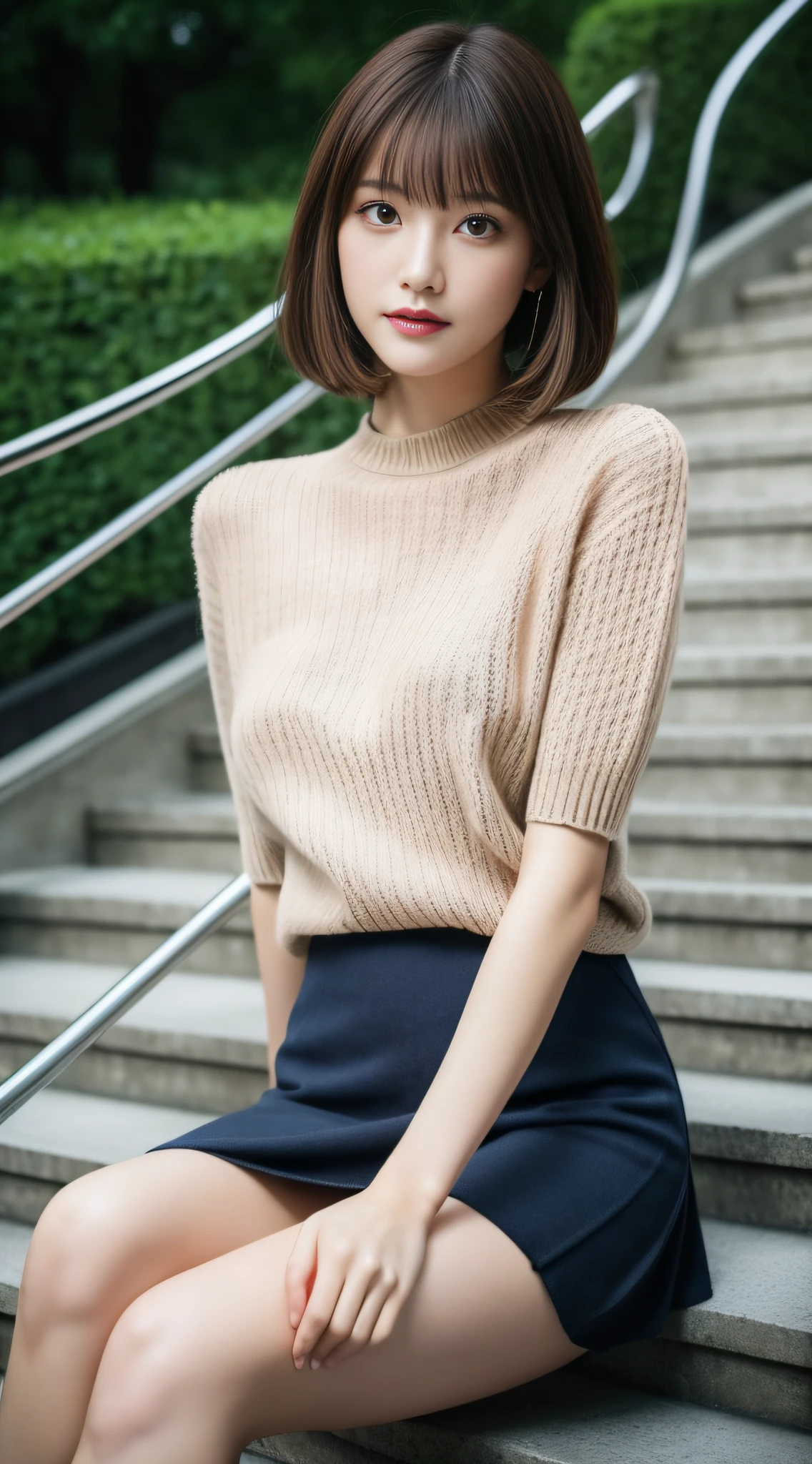 best qualtiy,tmasterpiece,photograph realistic,Half of the body is photographed to the body wearing((Short-sleeved sweater)),short skirt,stocklings,beautifullegs,one-girl,独奏,In ultra-high resolution pictures,Perfect display of delicate facial features and plump and attractive body,exteriors,with blue sky and white clouds,stairways,Face the audience elegantly,It seems to transmit some mysterious power,It's fascinating,8K,