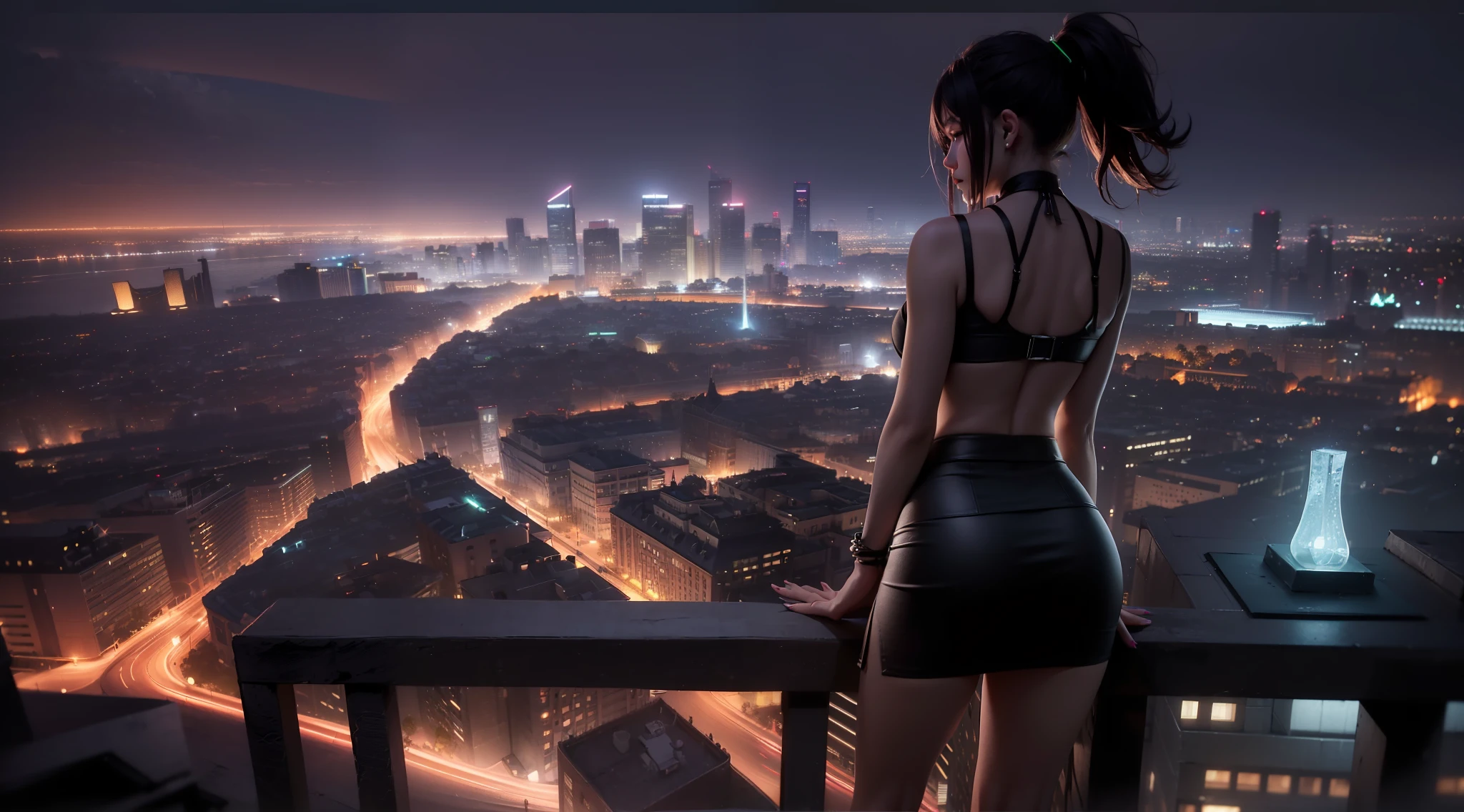 ((woman on top of building)),(view to the city:1.5), Realistic, Best Quality, (((little black skirt: 1.5))))),((black crop top:1.3)), (big breasts: 1.7),(big ass: 1.6), ((night time:1.3)), dynamic lighting, intricately , volumetric lighting, trending on Artstation, warm colors, ambient occlusion, 8K resolution, depth of field, ((Unreal Engine 5: 1.2)), ((glowing neon: 1.7)) ((master piece: 1.6)), (((perfect anatomy: 1.7))), ((detailed face: 1.7)), (((detailed hands: 1.6)))