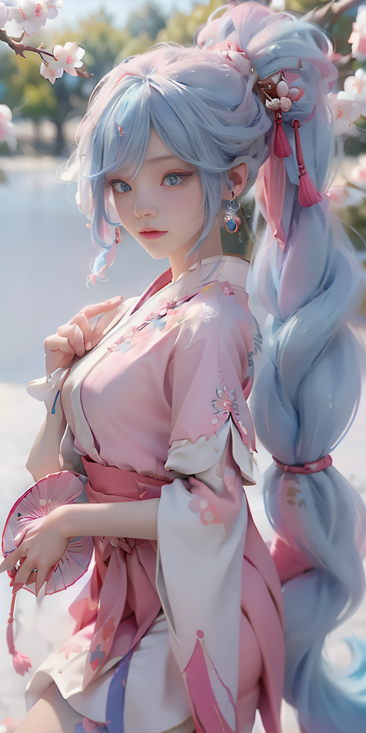 Anime girl with white hair and blue eyes holding a red umbrella, white-haired god, Kusat Krenz key art feminization, Onmyoji detailed art, Onmyoji portrait, Best anime 4K Konachan wallpaper, detailed digital anime art, anime goddess, high detail official artwork, detailed anime art, Onmyoji, portrait of female anime hero, chibi style, face, high cold beautiful moving, ((((colorful hair))), (((half blue and half pink hair)), (perfect eye painting), bright eyes, Necklace, earrings, delicate mouth, delicate nose, delicate makeup, braid ponytail hair, red lips, (purple eyes). Perfect figure, (streamer girl), yellow t-shirt, delicate tassel, expression, ribbon, shyness, lighting effects, pastel, white background, super clear, hd picture, full body portrait, front, happy, (holding fan), cherry blossom tree,
