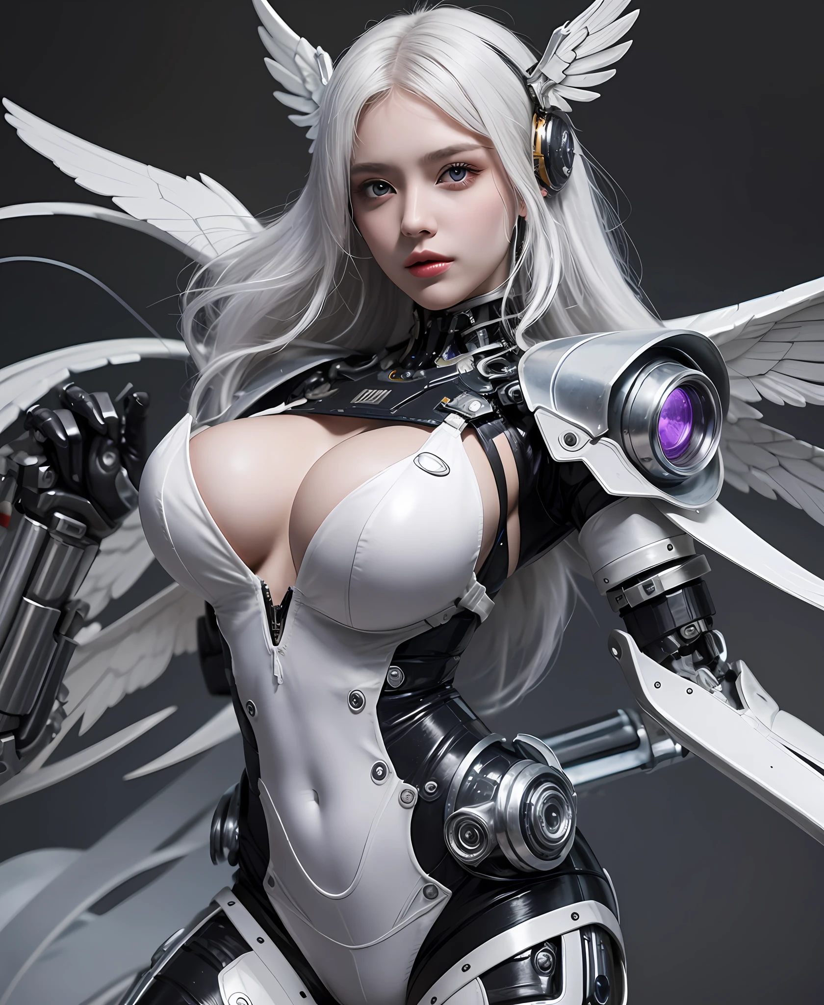 white  hair、long fluttering hair、strong breeze、a purple eye、radiant eyes、Mechanical Angel、large metal wings、Circle of Shining Angels、Steampunk Girl、Colossal tits、The face and  are alive、Cleavage is visible。photoRealstic、portfolio、White Latex Suit、White porcelain body、Steampunk Metal Mecha Suit、Combat cyborg、Sumerian details、metalic、detailed mechanical components、Bundle of thin tubes、Metal cylinder、Detailed neon、Fine LED、Fine parts、cowboy  shot、character edge light、