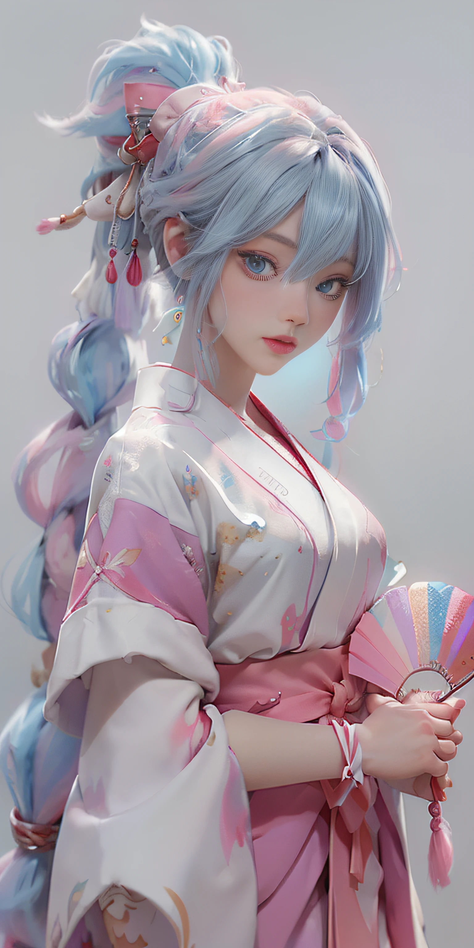 Anime girl with white hair and blue eyes holding a red umbrella, white-haired god, Kusat Krenz key art feminization, Onmyoji detailed art, Onmyoji portrait, Best anime 4K Konachan wallpaper, detailed digital anime art, anime goddess, high detail official artwork, detailed anime art, Onmyoji, portrait of female anime hero, chibi style, loli face, high cold beautiful moving, ((((colorful hair))), (((half blue and half pink hair)), (perfect eye painting), bright eyes, Necklace, earrings, delicate mouth, delicate nose, delicate makeup, braid ponytail hair, red lips, (purple eyes). Perfect figure, (streamer girl), yellow t-shirt, delicate tassel, expression, ribbon, shyness, lighting effects, pastel, white background, super clear, hd picture, full body portrait, front, happy, (holding fan), cherry blossom tree,