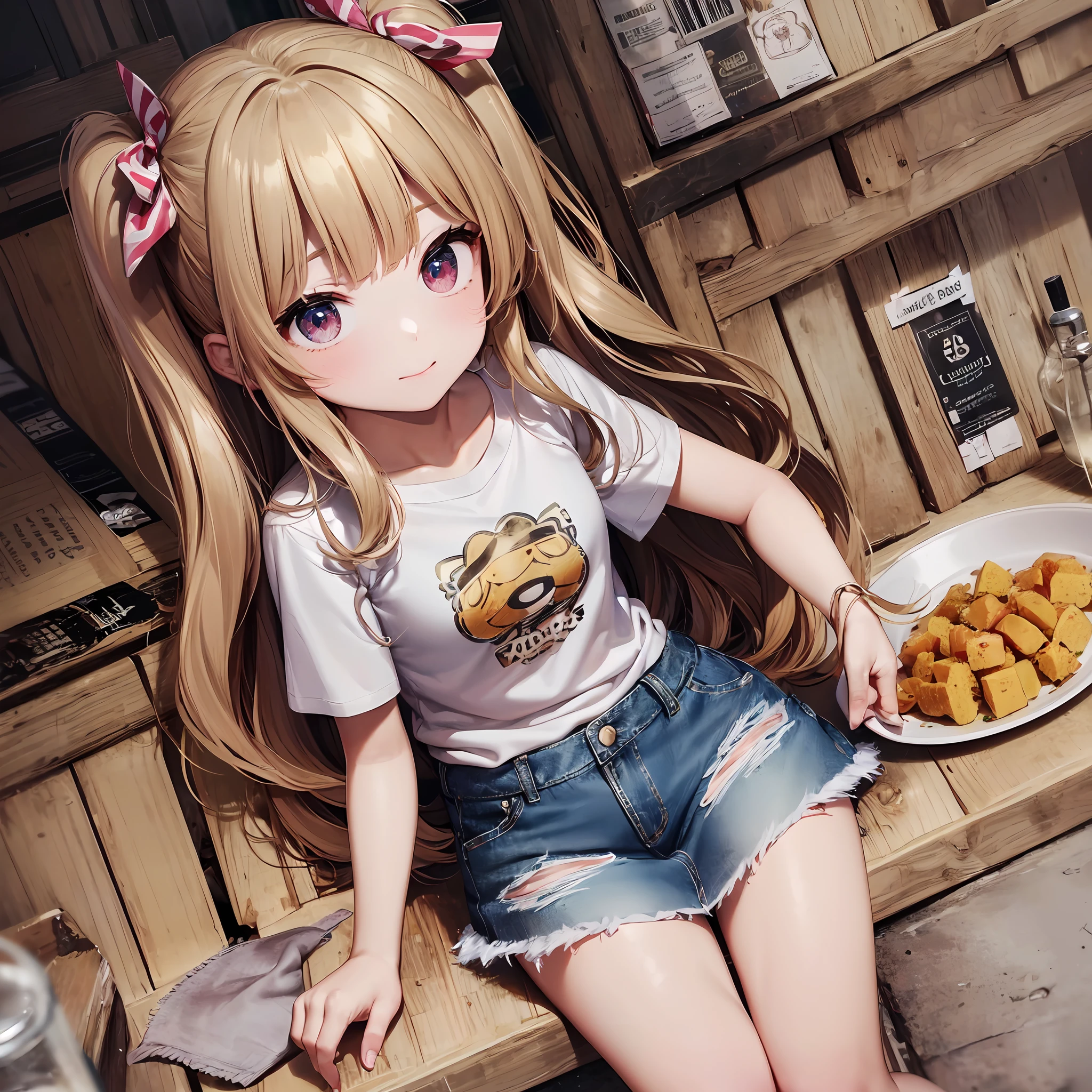 fried food, girl eating fried food, girl holding fried food, (((shirt with illustration of fried food printed on it)))
(((denim mini skirt))), full body, incredibly detailed, (8K, super detailed, top quality, masterpiece, super detailed eyes, kawaii), beautiful details, small breasts, long blond hair, big red bow twin tails, small, child, 13 years old, beautiful eyes, ^_^, 1 girl, Solo, super high quality, hard focus, film grain, super high res, masterpiece, beautiful red eyes, red face, cute, shy, bright lighting, floating hair: 1. 2,), (best picture quality: 1.2),