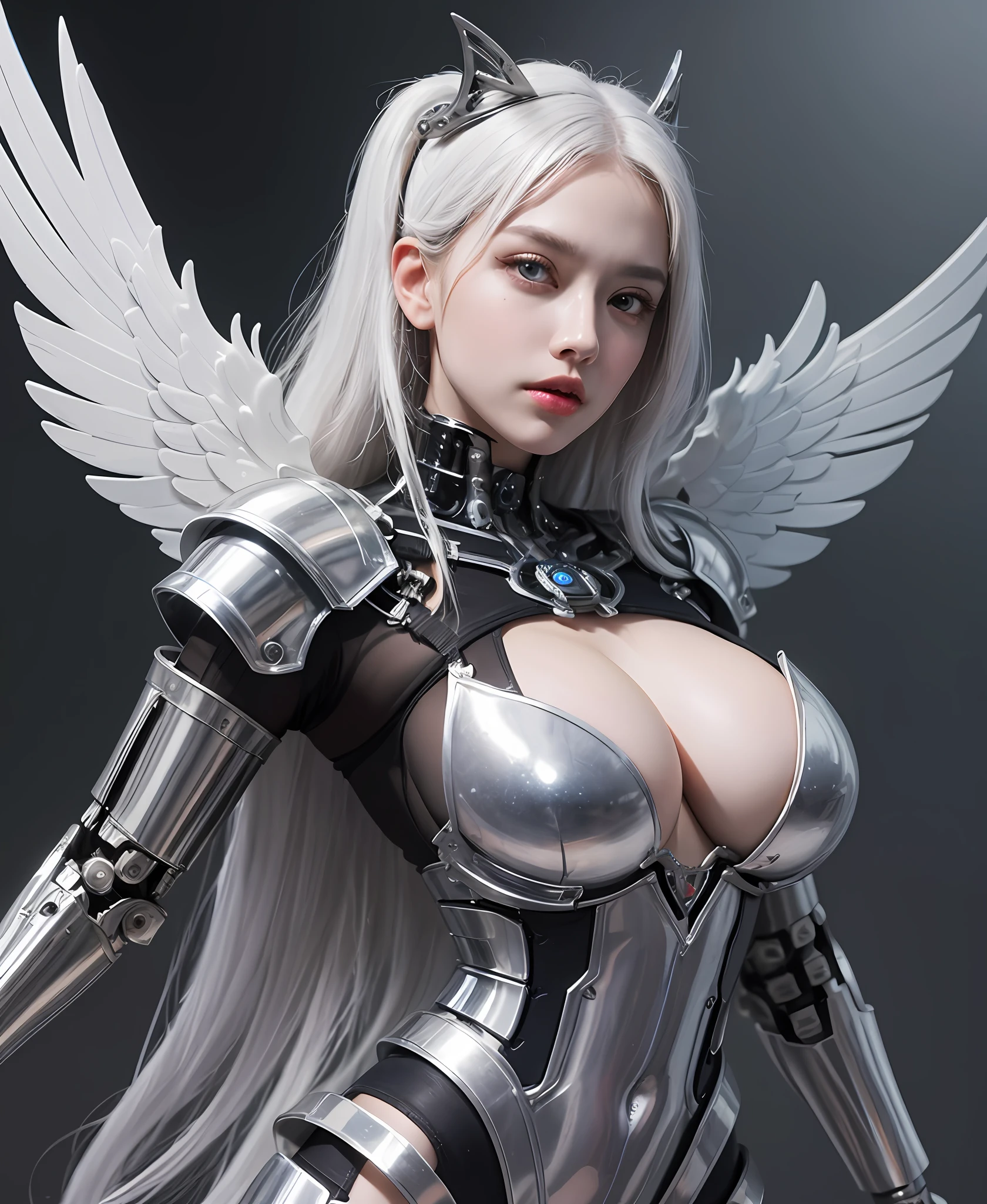 white hair、long fluttering hair、strong breeze、a purple eye、radiant eyes、Mechanical Angel、large metal wings、Circle of Shining Angels、Steampunk Girl、Colossal tits、The face and chest are alive、Cleavage is visible。photoRealstic、portfolio、White Latex Suit、White porcelain body、Steampunk Metal Mecha Suit、Combat cyborg、Sumerian details、metalic、detailed mechanical components、Bundle of thin tubes、Metal cylinder、Detailed neon、Fine LED、Fine parts、cowboy shot、character edge light、