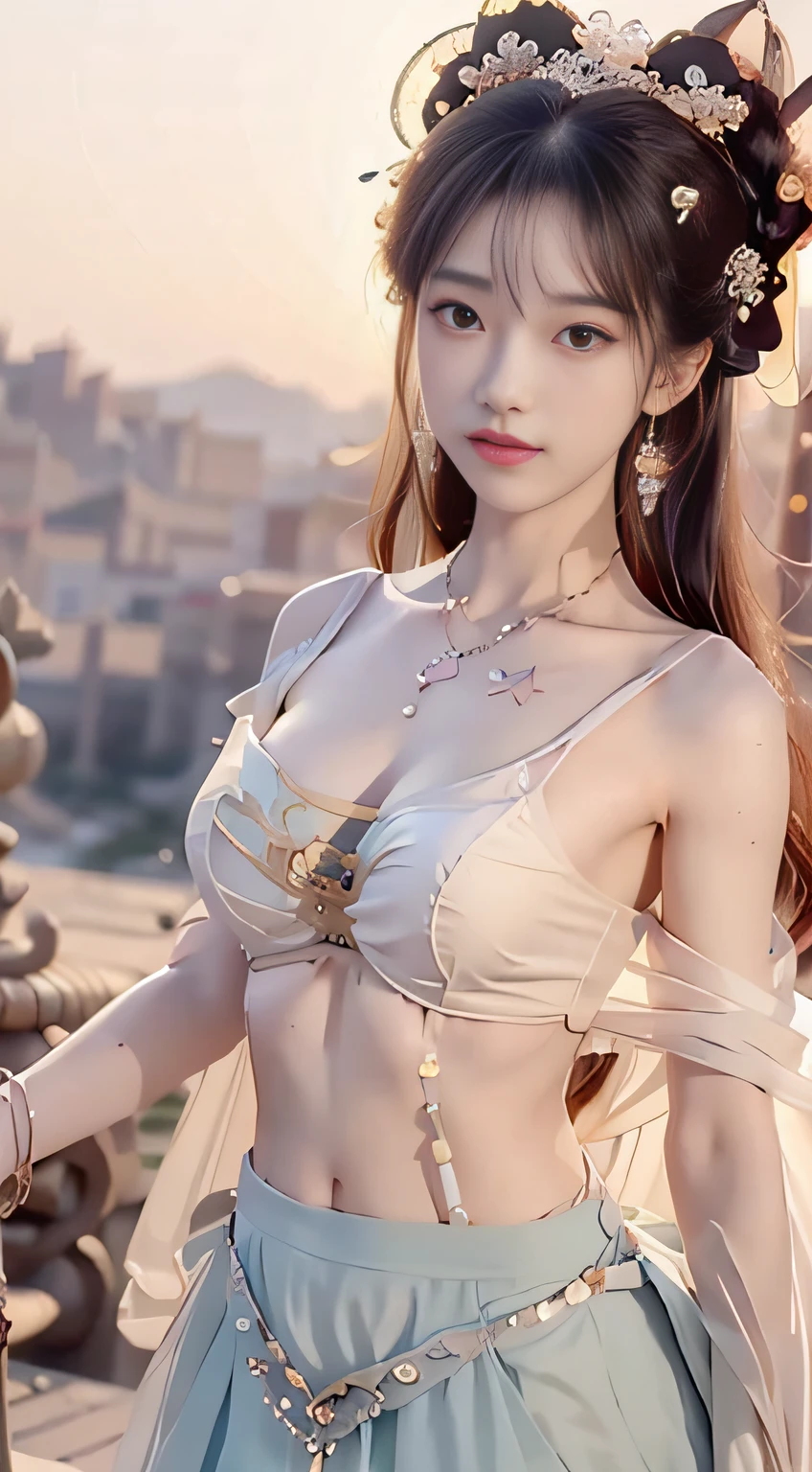 Bust photo, face close-up, face shot, a beautiful woman, messy hair, girly, symmetrical bun, hair accessories, jewelry, delicate face, (suspenders: 1.5), (high split lower skirt 1.7), (many patterns: 1.5), crop navel, open belly, Dunhuang style, a lot of streamers, delicate skin, soft light effect, delicate and smooth hair, delicate details, eye highlights, fair skin, fine portrayal, extreme details, cinematic quality, thin, slender, broken, hair details, thin bangs, shawl hair, right body, shadow, air bangs, 8K, super fine, fine fabric texture, soft, smooth, smooth texture, ((Dunhuang style)) )))), delicate patterns, correct hand painting,