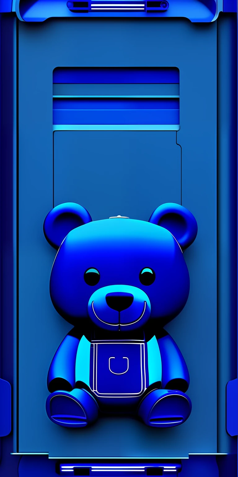 Close-up of blue phone case and blue teddy bear, Blue color, bearbrick, author:Tadashi Nakayama, sofubi, blue colors, Blue: 0.5, half robot half bear, blue backdrop, blue head, Dark blue, gummy bear, de um azul intenso, author:Matsumoto Taiyo, naoya tanaka