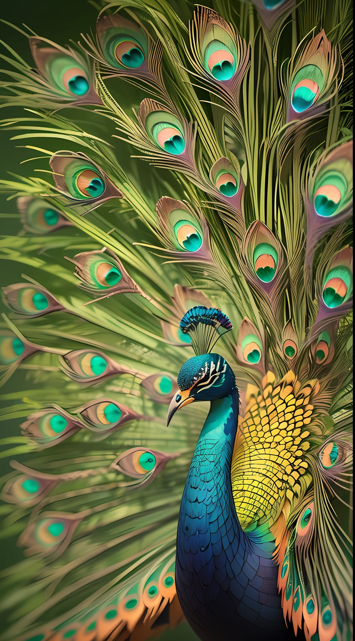 A proud colorful peacock,Colorful feathers,The feathers are brightly colored and layered,(Colorful peacocks stand tall on the branches:1.3),(The peacock picture is centered),(Medium and close range),(Finely depicted peacock head),leges,(Strong and realistic claws:1.3),(Overall silhouette,)Ultra photo realsisim,super-fine,超高分辨率,8K,Premium wallpapers,Highest image quality,3D,C4D