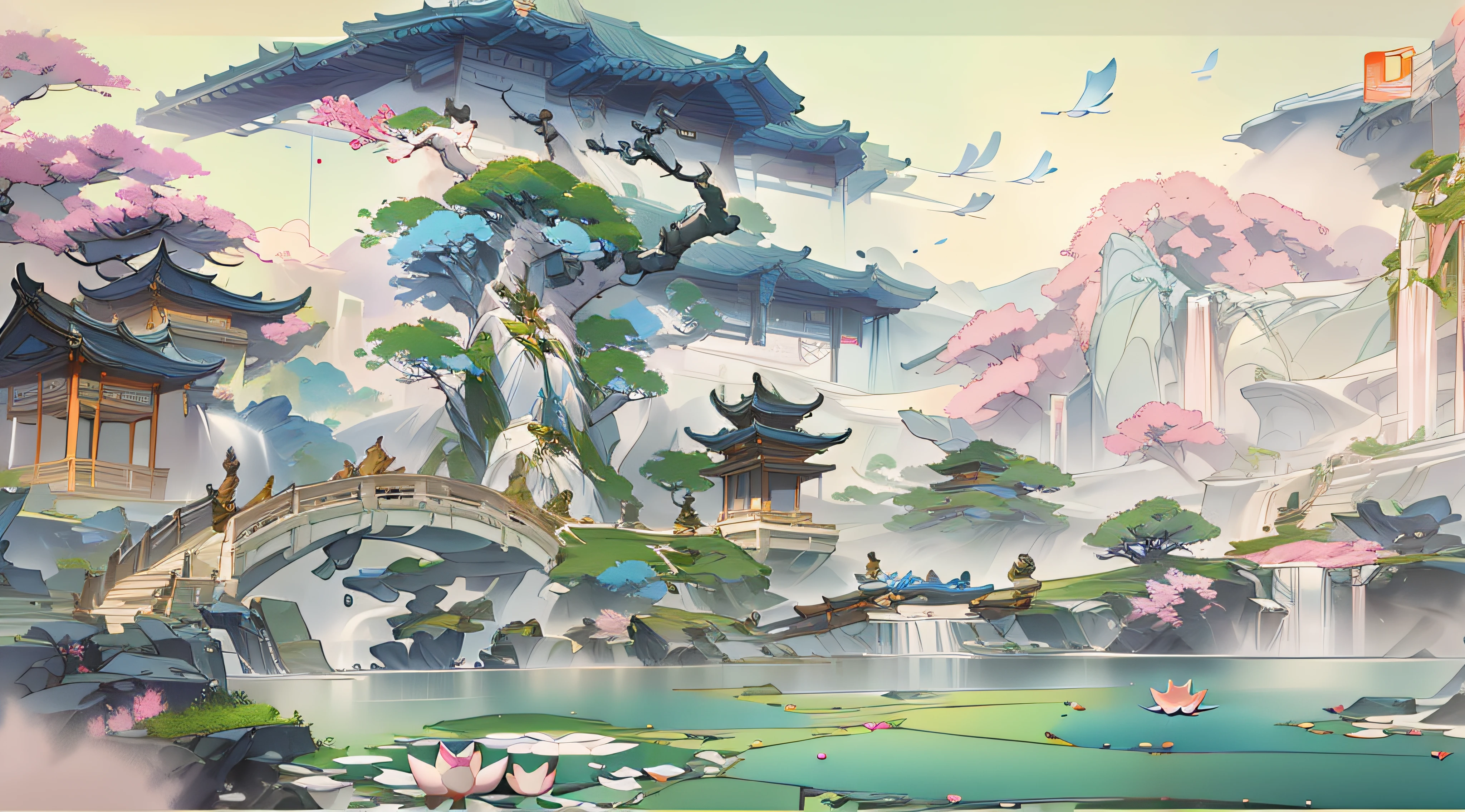 Antique game scene design,big trees,florals,Lotus architecture,Floating table,A blue sky,White cloud,Chinese ink painting OC rendering sculpture