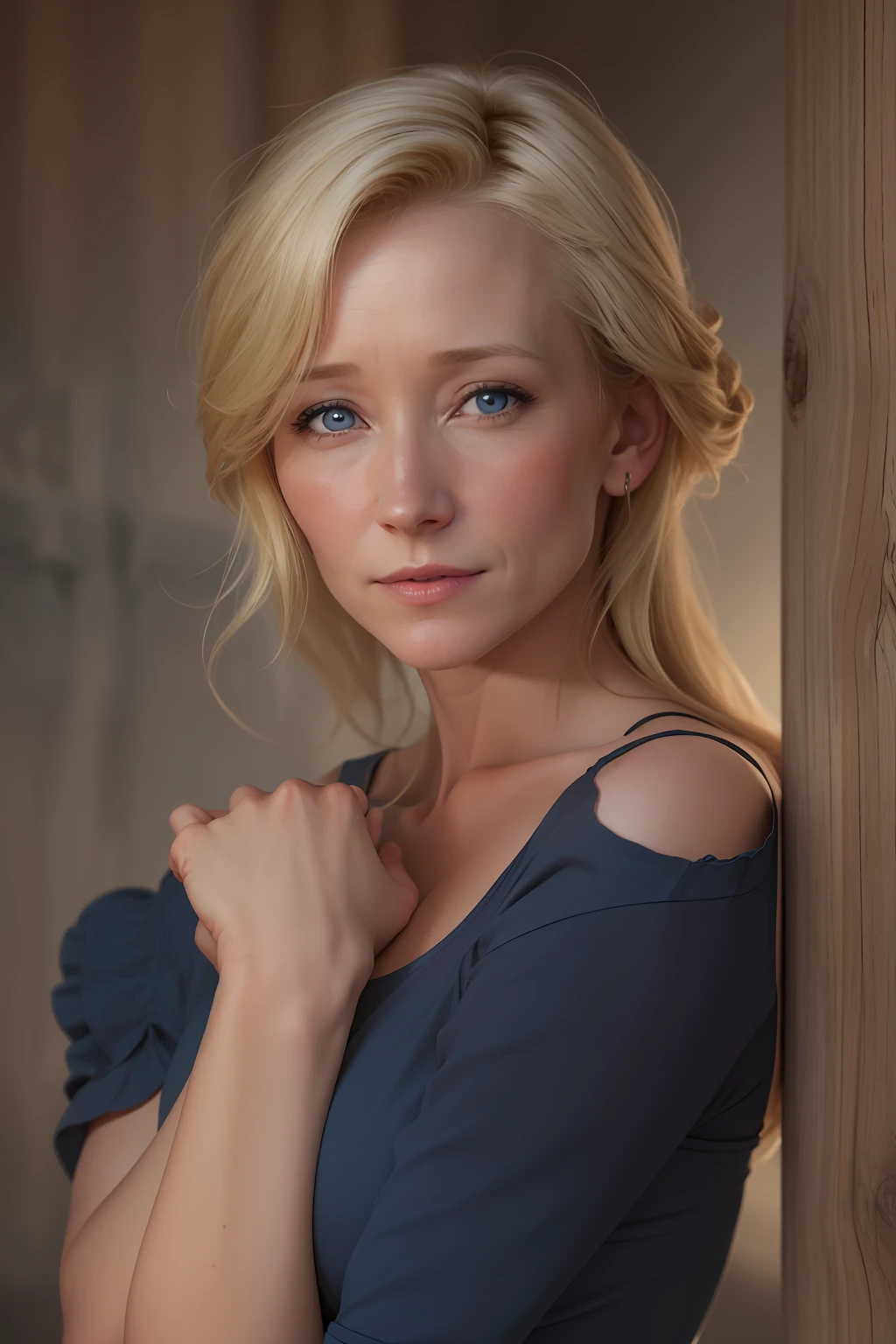 (((Anne Heche))), (sie sitzt auf dem Boden vor einem Kaminfeuer), ((she has round breasts)), (she wears a dark blue top), (kleiner Kopf), ((detailliertes Gesicht)), (fotorealistisch), (Raytracing), (scharfer Fokus), ((natural realistic skin texture)), detaillierte Lippen, (sie hat viele Sommersprossen im Gesicht)), ((sie guckt nach unten))