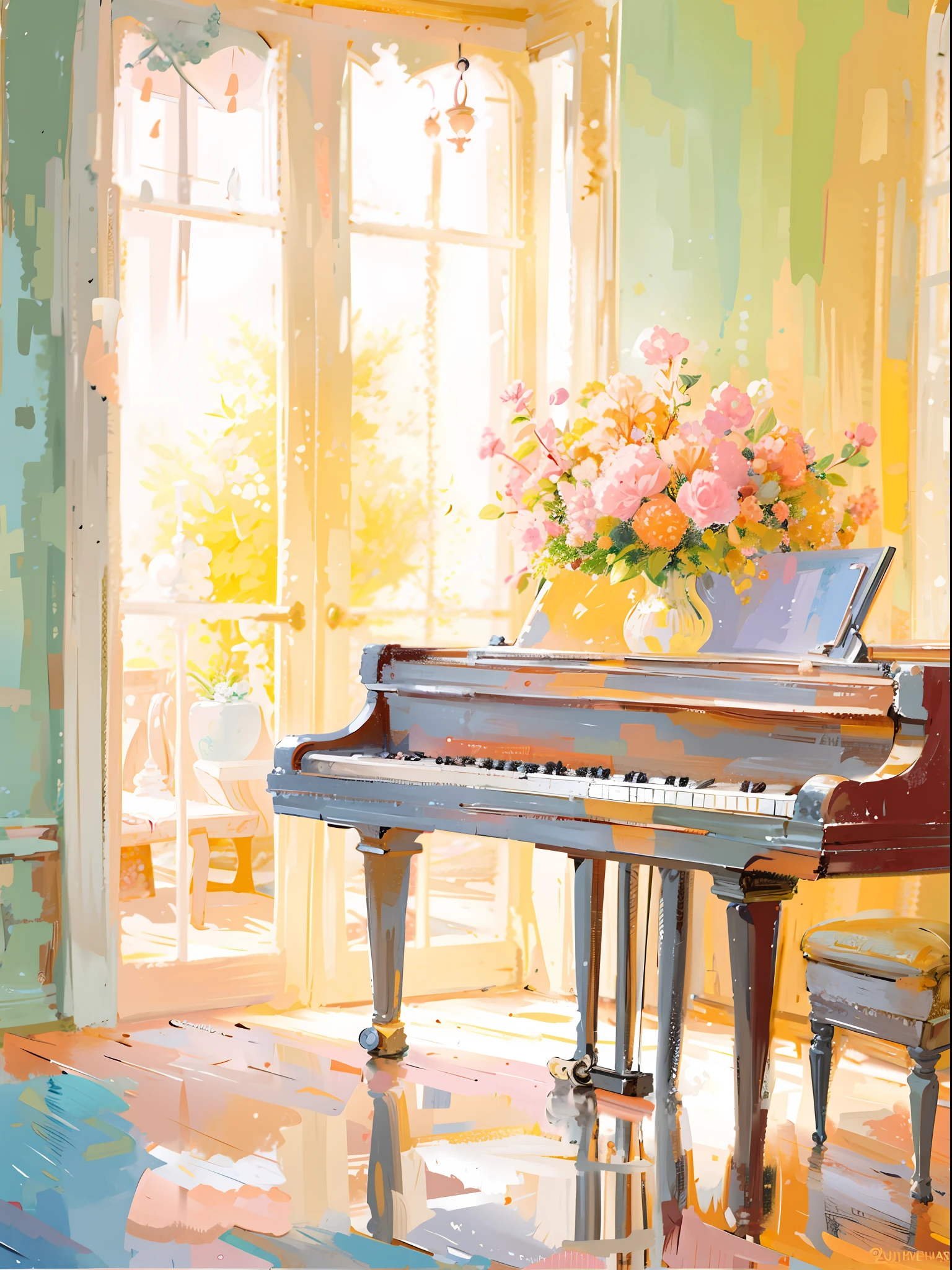 Paintings of grand piano and vase in the room, pastel style painting, author:Arthur Penn, author:Igor Grappa, summer morning light, author:Alexander Deneca, steve henderson, in style of steve henderson, author:Marie Bashkirtsev, Superb Painting, piano, piano in the background, glorious composition, author:Vladimir Borovykovsky