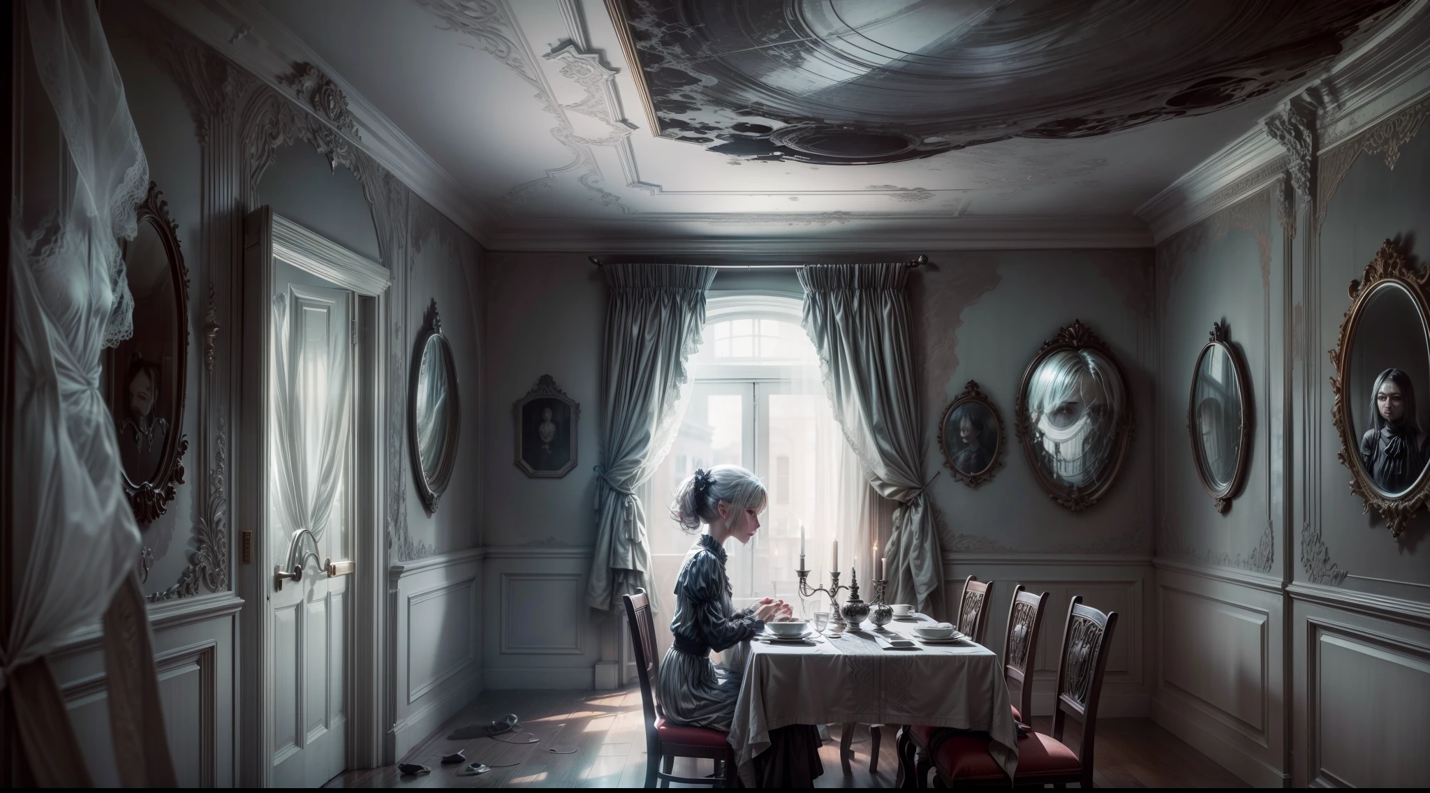 Close, Realistic, dystopian, Zzław Beksinski style, Zzław Beczynski style, Wide shot, Press the top, ultrawide, Sony FE GM, A girl sits in a silver-white public dining room. The girl's upper body is white, And her shirtless skin looked pale and terrible. Her hair is shiny, Expressive hairstyle, But the strands are mixed with unnatural blacks and grays. Her eyes were crazy and empty, The pupils are abnormally dilated, There was no life in her eyes, As if hollow. Her lips parted,Laughing nervously, Showing her sharp teeth. Her body leaned forward, It gives a feeling of unease and tension. Bright restaurant, But the geometry and lines on the walls and floors became distorted and misaligned. Some blurry faces or ghostly images can be added to the wall,It feels ominous. gauges, Dining room chairs and decorations can also have strange shapes and colors, Add dystopian horror atmosphere. The girl looked up at the window, But outside the window was a dark and distorted scene。. , You can show disturbing scenes, Such as a twisted building, Collapsed cities, and so on. The lights in the room are bright and dazzling, But the lights cast strange shadows, Create an atmosphere of terror