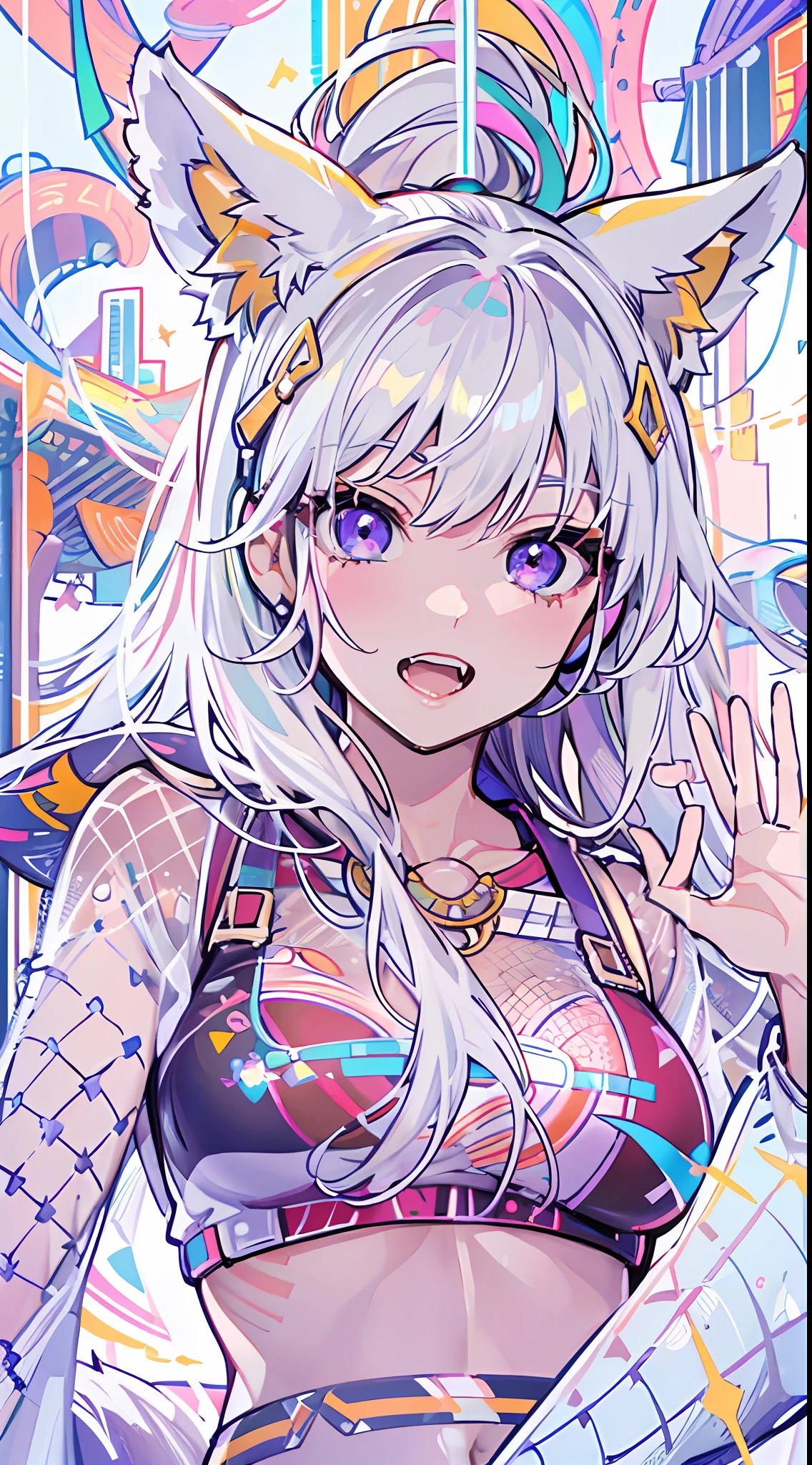 ((Masterpiece)), best quality, absurderes, ultra detailed, holographic, cowboy shot, dynamic pose, golden ratio, super cute girl, mature girl, extremely beautiful, super beautiful asian girl with super beautiful violet eyes, super beautiful white hair, shiny skin, high ponytail, nice and sexy body, slim and delicate body, perfect body, wearing a super tight printed white crop top, kawaii panties, fox headset, being photographed in a kawaii alien spaceship