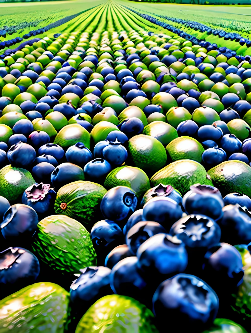 A large field of avocados is scattered with many, Many blueberries，Blueberries almost overshadow avocados