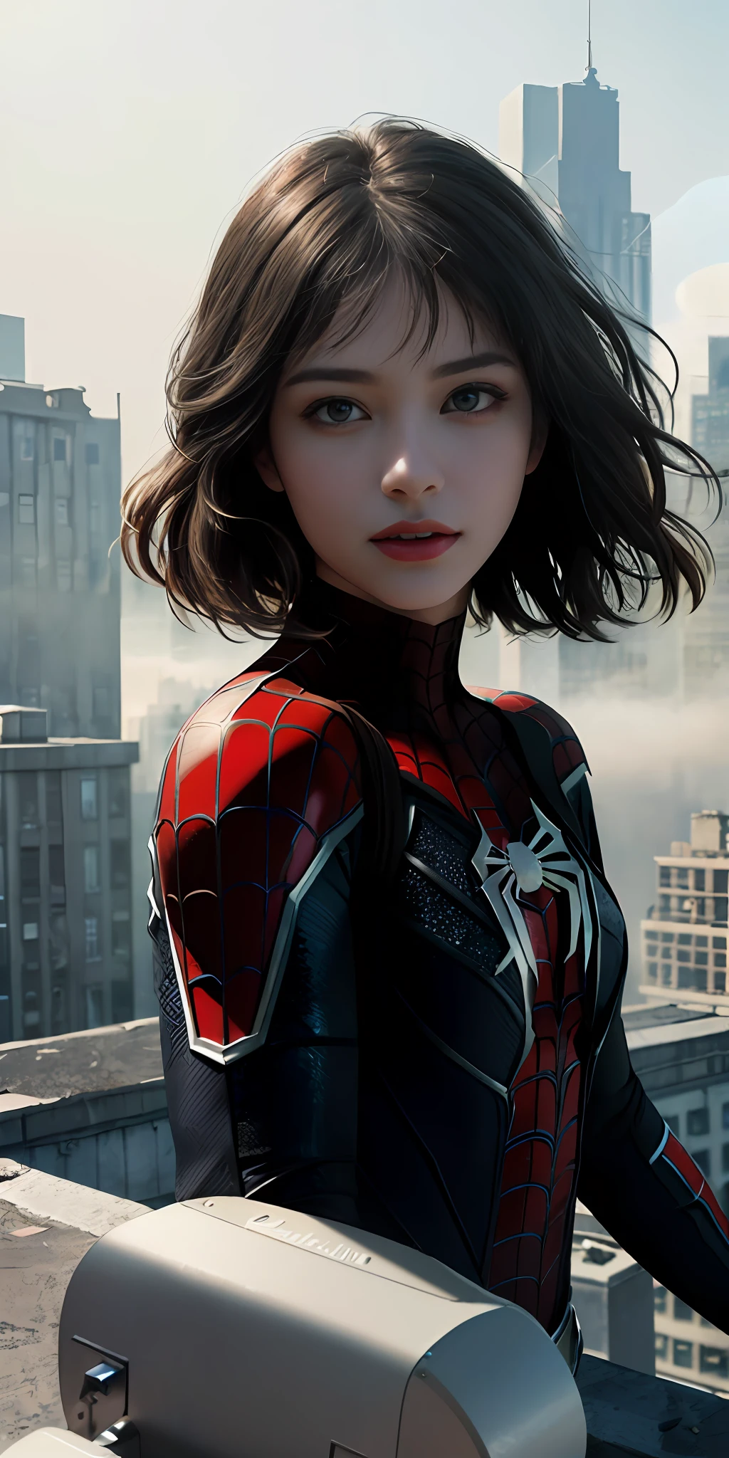 (1girl:1.3), Solo, (((Very detailed face)))), ((Very detailed eyes and face)))), Beautiful detail eyes, Body parts__, Official art, Unified 8k wallpaper, Super detailed, beautiful and beautiful, beautiful, masterpiece, best quality, original, masterpiece, super fine photo, best quality, super high resolution, realistic realism, sunlight, full body portrait, amazing beauty, dynamic pose, delicate face, vibrant eyes, (from the front), She wears Spider-Man suit, red and black color scheme, spider, very detailed city roof background, rooftop, overlooking the city, detailed face, detailed complex busy background, messy, gorgeous, milky white, highly detailed skin, realistic skin details, visible pores, clear focus, volumetric fog, 8k uhd, DSLR, high quality, film grain, fair skin, photo realism, lomography, futuristic dystopian megalopolis, translucent
