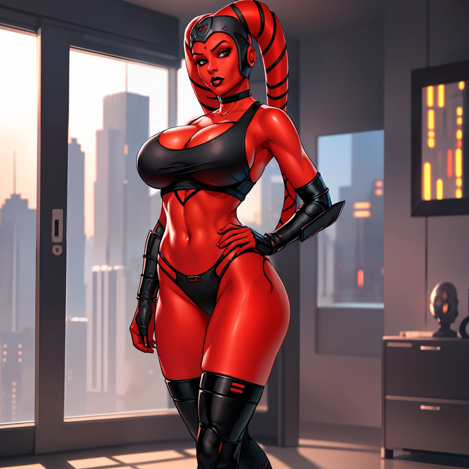 1girl, busty, masterpiece, best quality, high-definition, ((red skin), twi'lek), evil space knight, space ninja, (wearing black tank top, panties, socks, ((busty)), slender body, thin, slim sexy body, slim waist, ((huge breasts))), futuristic apartment,, Star Wars,