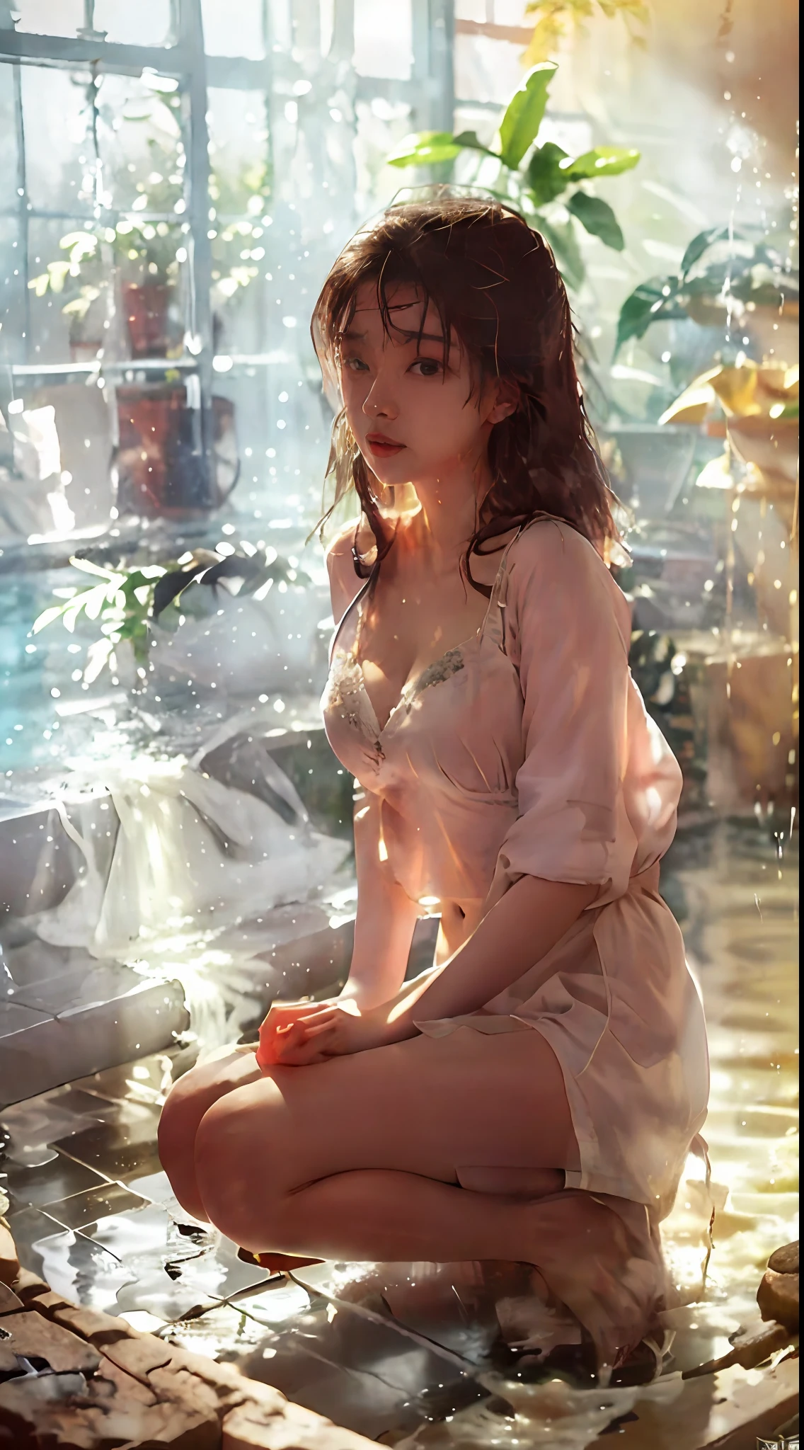 ((Top Quality, 16k, Masterpiece: 1.3)), Ayami Shiina, 28-year-old Asian woman, Beautiful woman with perfect figure: 1.3, (((Brown hair)), ((Beautiful breasts: 1.3)), (Shower, cloudy water)), (Transparent underwear and bristles)))), (Bathroom)), ((Pause)), ((Sensual)), ((Squatting, spread your legs)), (Drenched breasts)), (Drenched body)))), (( (soaked pubic hair))), transparent underwear that bites, streaks, hair that covers the beautiful pubic area