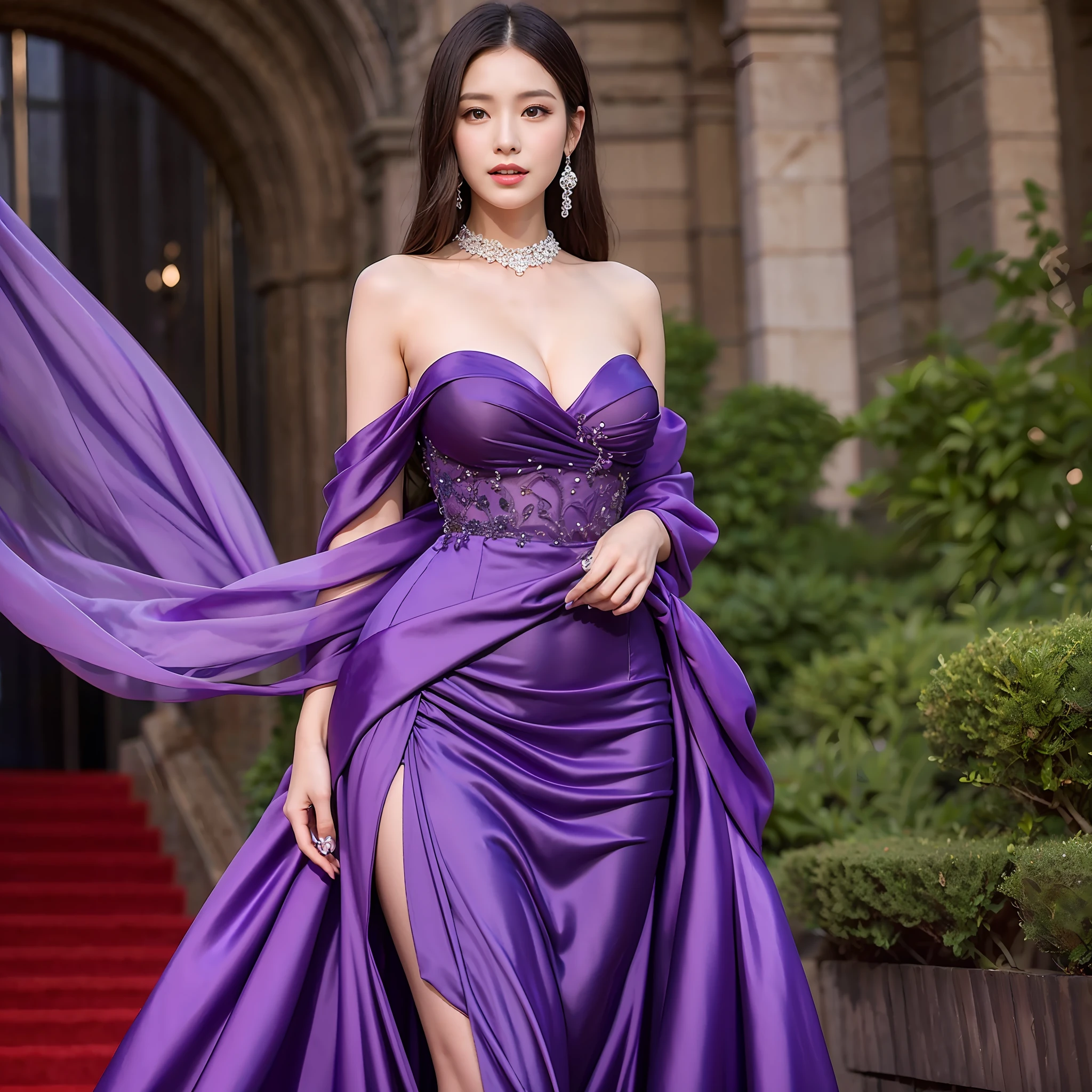 Woman in purple dress on red carpet, draped in purple, Purple Dress, Wearing a purple gown, dressed in purple, Wearing elegant dresses, wearing an evening gown, Half-turned-turn woman in evening dress, Wearing a purple strapless dress, dressed beautiful gown