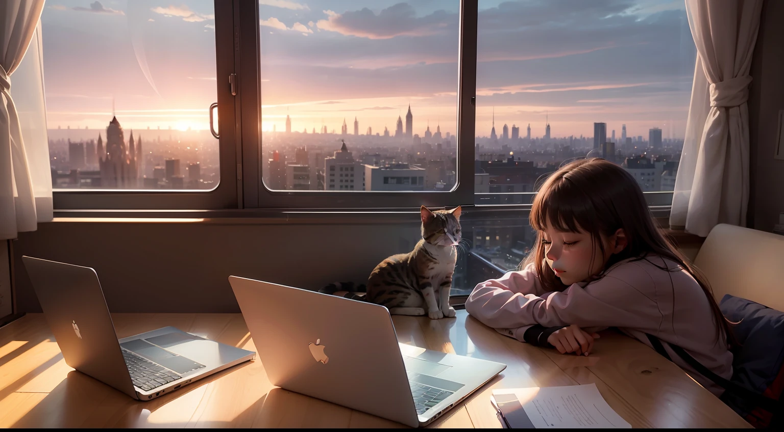 A student works on her laptop in front of her window, a cat lying down, a view of the city, chill out interior, chill atmosphere, zen --auto