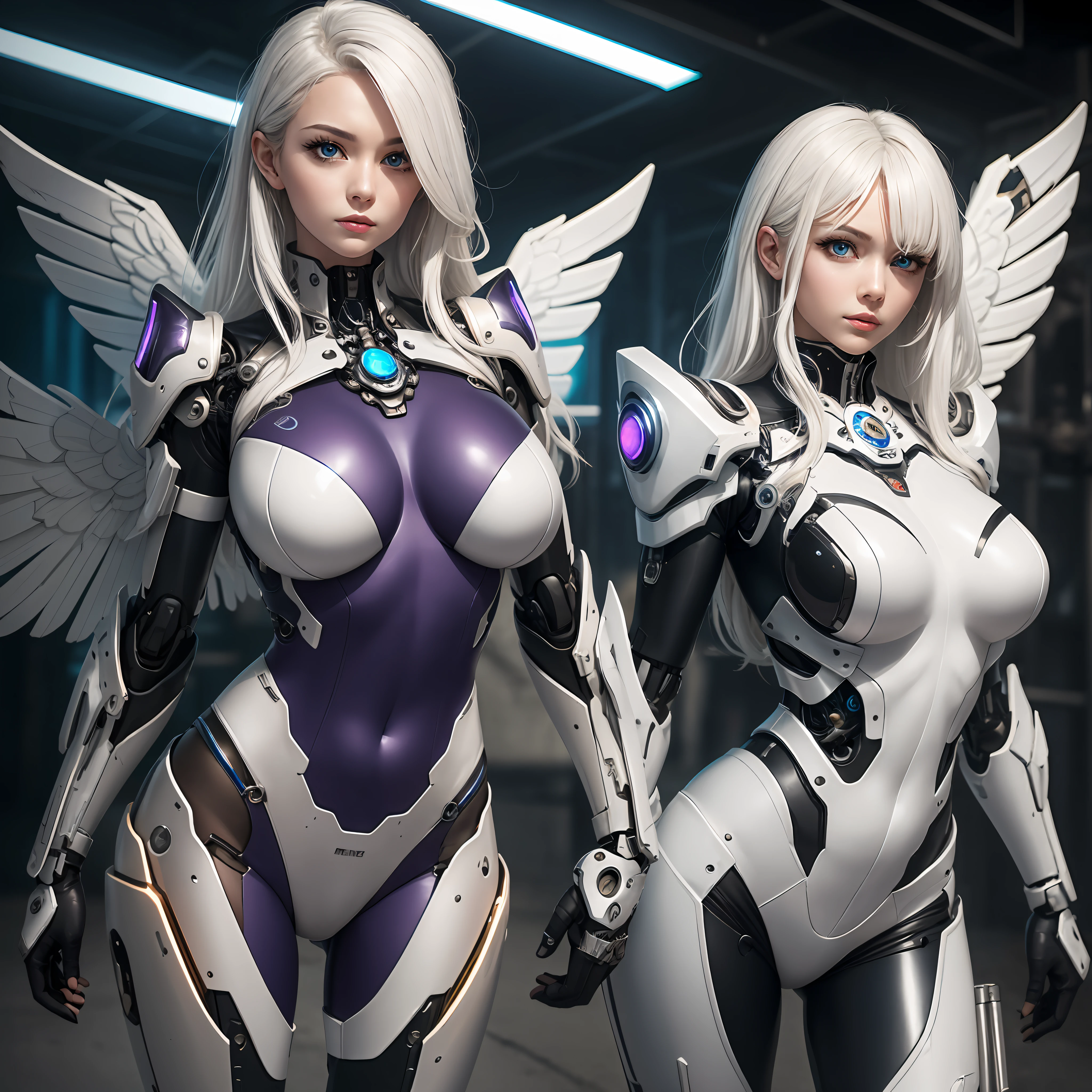 white hair、long fluttering hair、strong breeze、a purple eye、radiant eyes、Mechanical Angel、large metal wings、Circle of Shining Angels、Steampunk Girl、Colossal tits、The face and chest are alive、Cleavage is visible。photoRealstic、portfolio、White Latex Suit、White porcelain body、Steampunk Metal Mecha Suit、Combat cyborg、Sumerian details、metalic、detailed mechanical components、Bundle of thin tubes、Metal cylinder、Detailed neon、Fine LED、Fine parts、cowboy shot、character edge light、