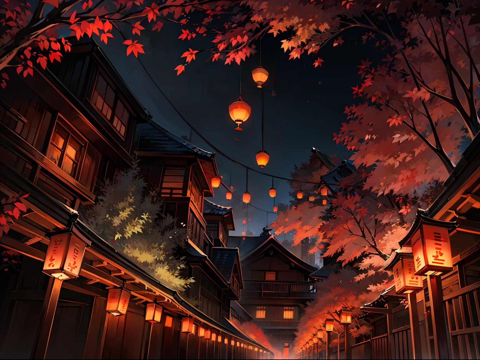 tmasterpiece,Best quality at best,astounding,Intricate and refined delicate details,Look down from above,the night,Fiery red maple leaves,Rows of Japanese wind lanterns,maple trees,Japanese-style architecture
