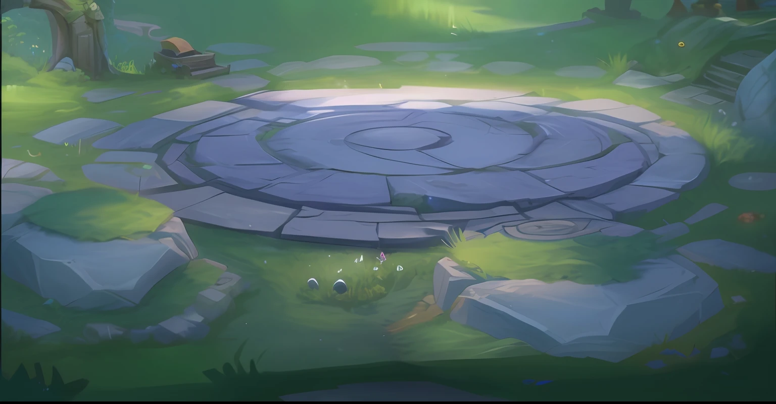 In the middle of the forest there is a painting of a circular stone structure, odin's stone arena background, arena background, Stylized concept art, Riot game concept art, arte de fundo, Blizzard Hearthstone concept art, League of Legends concept art, hearthstone concept art, heartstone original art style, painted as a game concept art, Stylized game art, concept art magical highlight