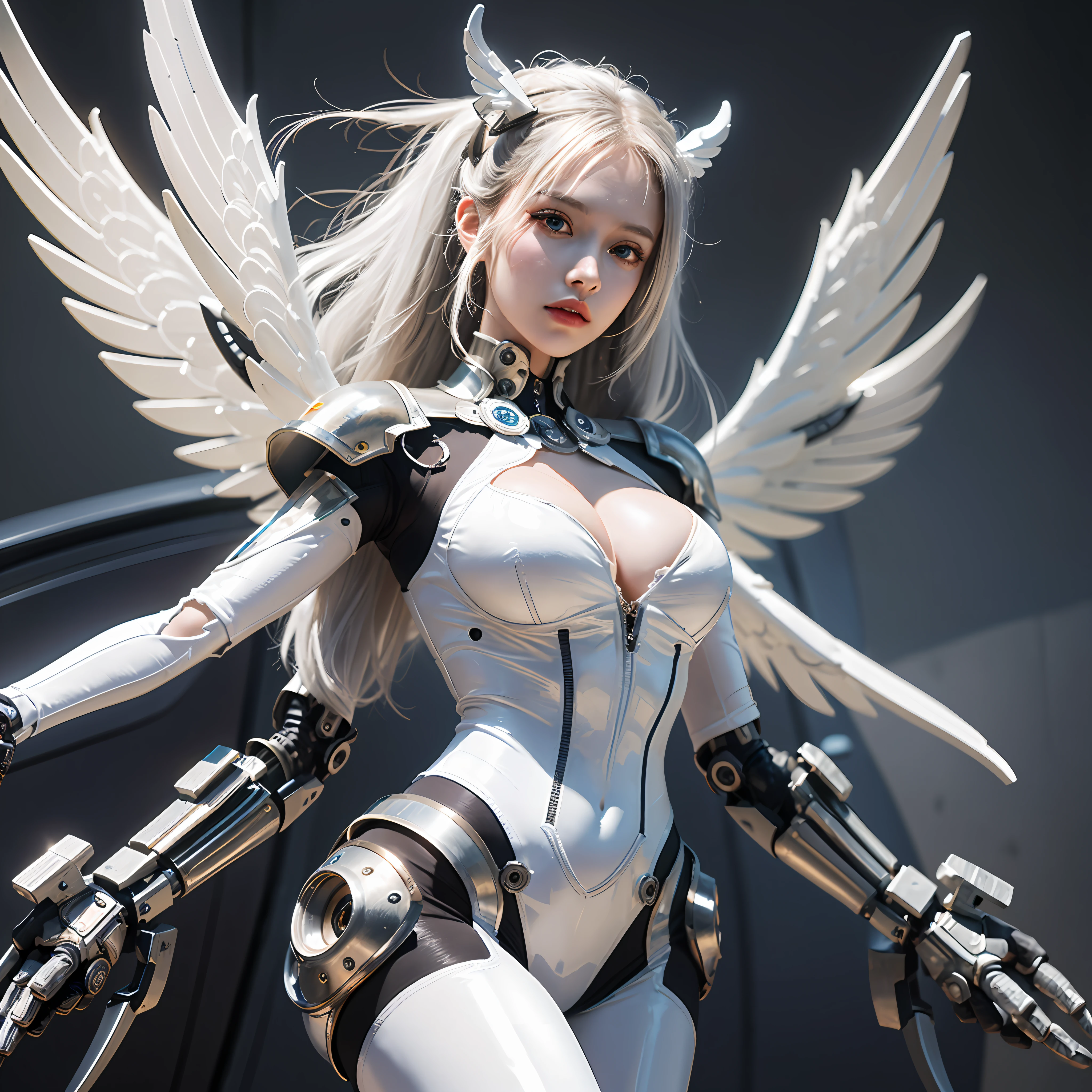 white hair、long fluttering hair、strong breeze、a purple eye、radiant eyes、Mechanical Angel、large metal wings、Shining Angel Circle、Steampunk Girl、Colossal tits、The face and chest are alive、Cleavage is visible。photoRealstic、portfolio、White Latex Suit、White porcelain body、Steampunk Metal Mecha Suit、Combat cyborg、Sumerian details、metalic、detailed mechanical components、Bundle of thin tubes、Metal cylinder、Detailed neon、Fine LED、Fine parts、cowboy shot、character edge light、
