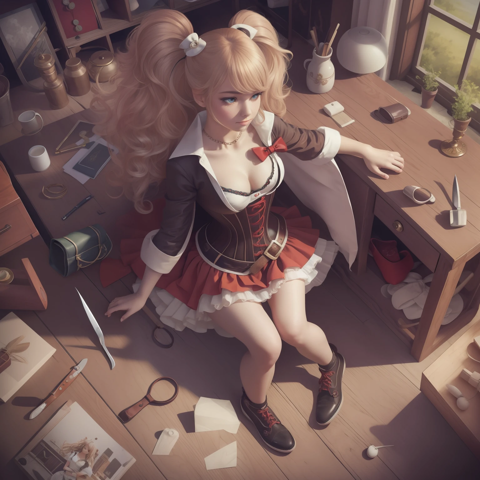 (masterpiece, best quality), intricate details, 1girl, (small breasts),shirt, corset, red skirt, cloak, ribbon, very long hair, hairclip, feathers, knife, belt, partially fingerless gloves,girlandsundries, on back,from above,full body, bag,shoes,toy, bags,shoes,(white bra), (briefs),Womb Tattoo,waves hair, long hair, side ponytail,