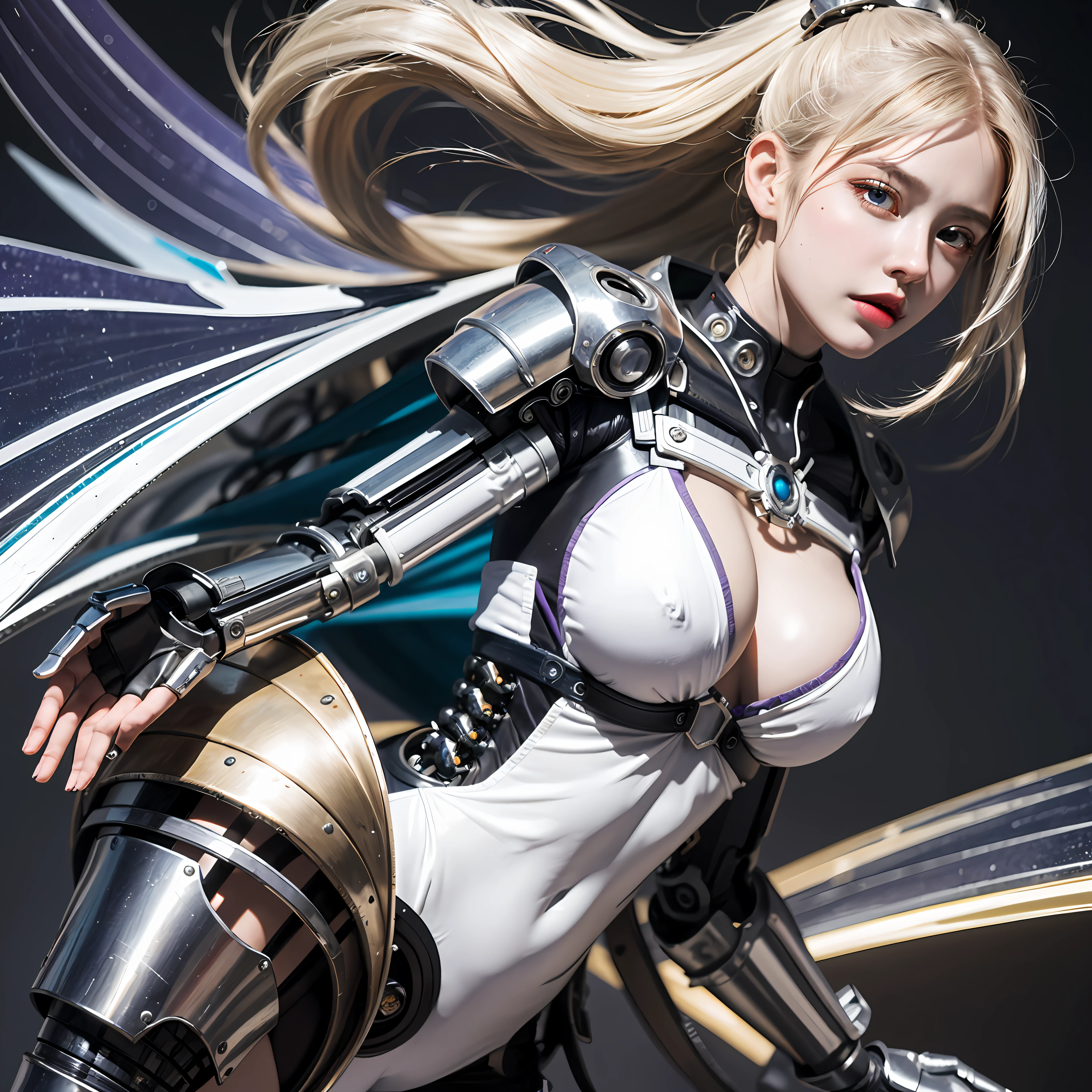 white  hair、long fluttering hair、strong breeze、a purple eye、radiant eyes、Mechanical Angel、large metal wings、Shining Angel Circle、Steampunk Girl、Colossal tits、The face and chest are alive、Cleavage is visible。photoRealstic、portfolio、White Latex Suit、White porcelain body、Steampunk Metal Mecha Suit、Combat cyborg、Sumerian details、metalic、detailed mechanical components、Bundle of thin tubes、Metal cylinder、Detailed neon、Fine LED、Fine parts、cowboy  shot、character edge light、