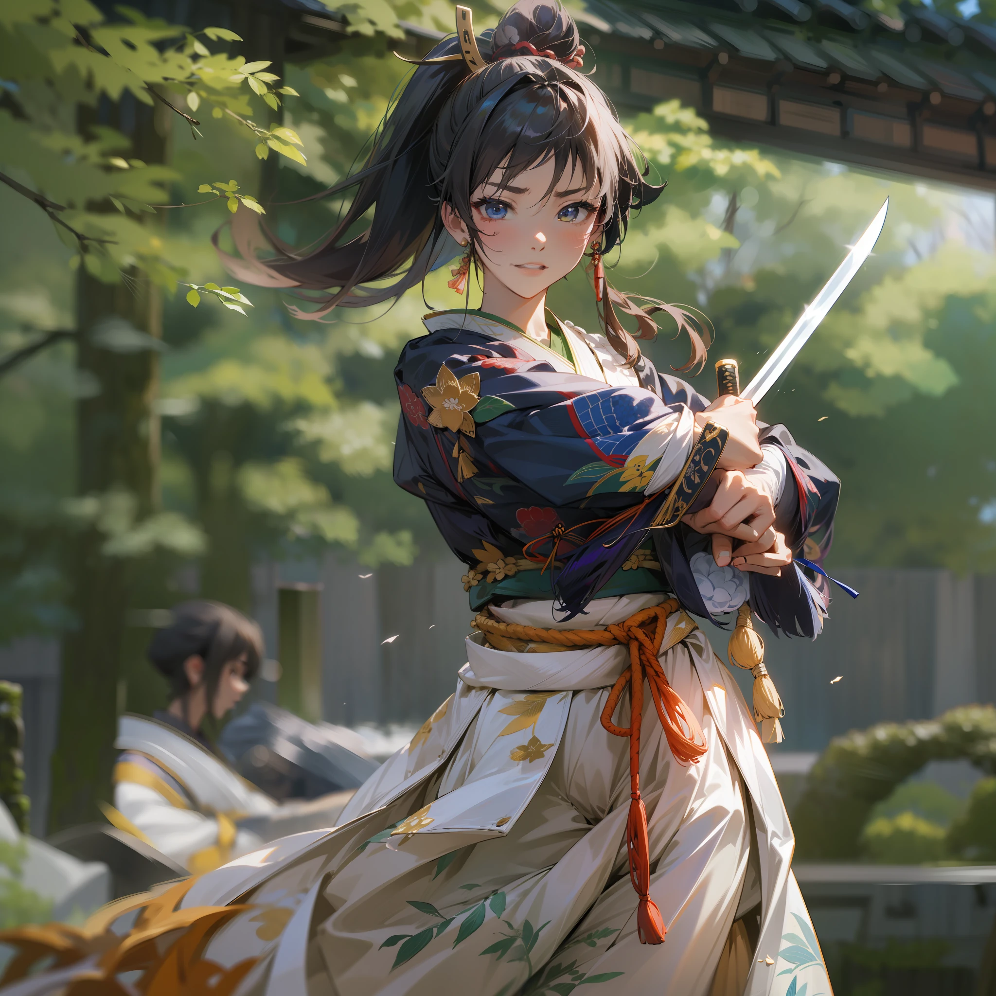 realisitic、glistning skin、Dynamic lighting、1 Female Samurai、hight resolution、Crisp focus、depth of fields、夏天、colourfull、Attention to detail、独奏、ultra-detailliert、illustratio、Japanese dress、lightly dressed、sleeveless、a miniskirt、aggressive、lo fashion、Gazing at the viewer、Beautiful fece、Intricate details、back lighting、Radiant hair、Japanese style ponytail、Novel poses

In the garden bathed in summer sunlight、A lightly dressed female samurai in Japanese clothes is in an aggressive pose。She wears a beautiful Japanese sleeveless top and miniskirt、Incorporates modern elements while maintaining a traditional aesthetic。

Japanese style ponytail swaying in the wind、It enhances her strength.。Holding a sword in his hand、He looks at the viewer with a face full of fighting spirit.。

A Japanese-style garden spreads out in the background.、Traditional elements blend with modern approaches。The aggressive pose of the female samurai in Japanese dress、Symbolizes tradition and innovation。

Her pose is full of confidence and fighting spirit.、It shows the determination to move forward with an aggressive attitude。Her eyes are sharp、The brave figure makes a strong impression on the viewer。

This aggressive pose Japanese dress female samurai is、Symbolizing the fusion of tradition and modernity、It's a moment to celebrate the strength of women in a new era。Her charming figure and brave pose、It will give your viewers courage and inspiration.。