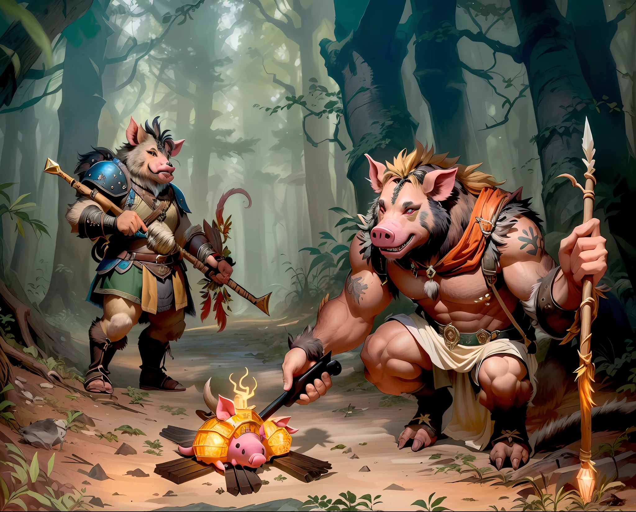 (Features of hairy pigs with large fangs sticking out of the mouth), floresta escura, kinematic lighting, There is a furry pig with fangs in its mouth, piglet, JAVALI, Anthropomorphic warrior in the forest, Pig bear with fangs in its jaw, um javali porco minotauro segurando um rato morto, Dead Rat Falls Victim to Anthropomorphic Hunter, ranger PIG Bugbear, homem urso porco, Gnoll super porco mechendo na fogueira, fogueira na floresta, Bugbear furioso, porco manbearpig, arte conceitual antro, Demon-PigGnoll, Retrato de um Gnoll, Minotaur piglet swine Warrior, Tauren