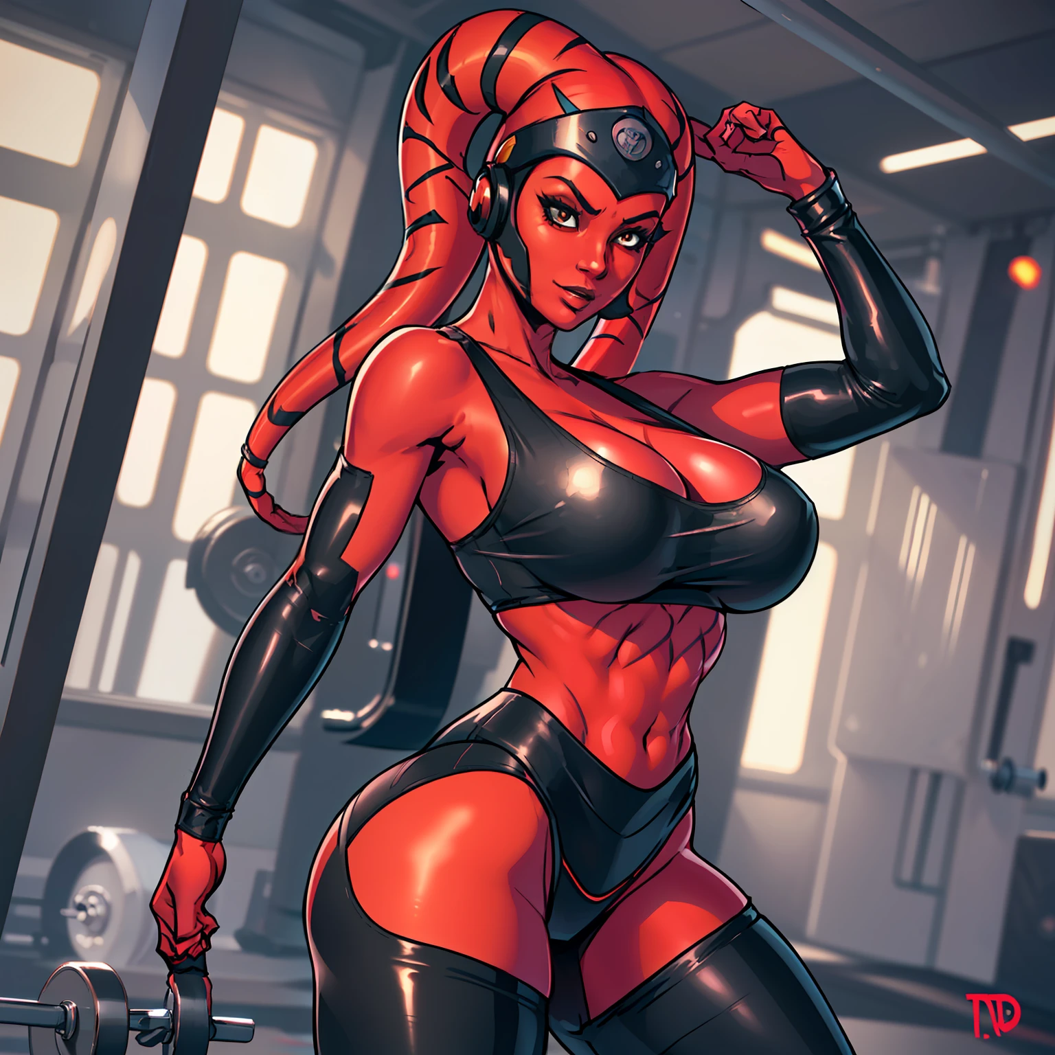 1girl, busty, masterpiece, best quality, high-definition, ((red skin), twi'lek), lifting weights, evil space knight, space ninja, (wearing black tank top, leggings, ((busty)), slender body, thin, slim sexy body, slim waist, (((huge breasts)))), futuristic gym,, Star Wars,