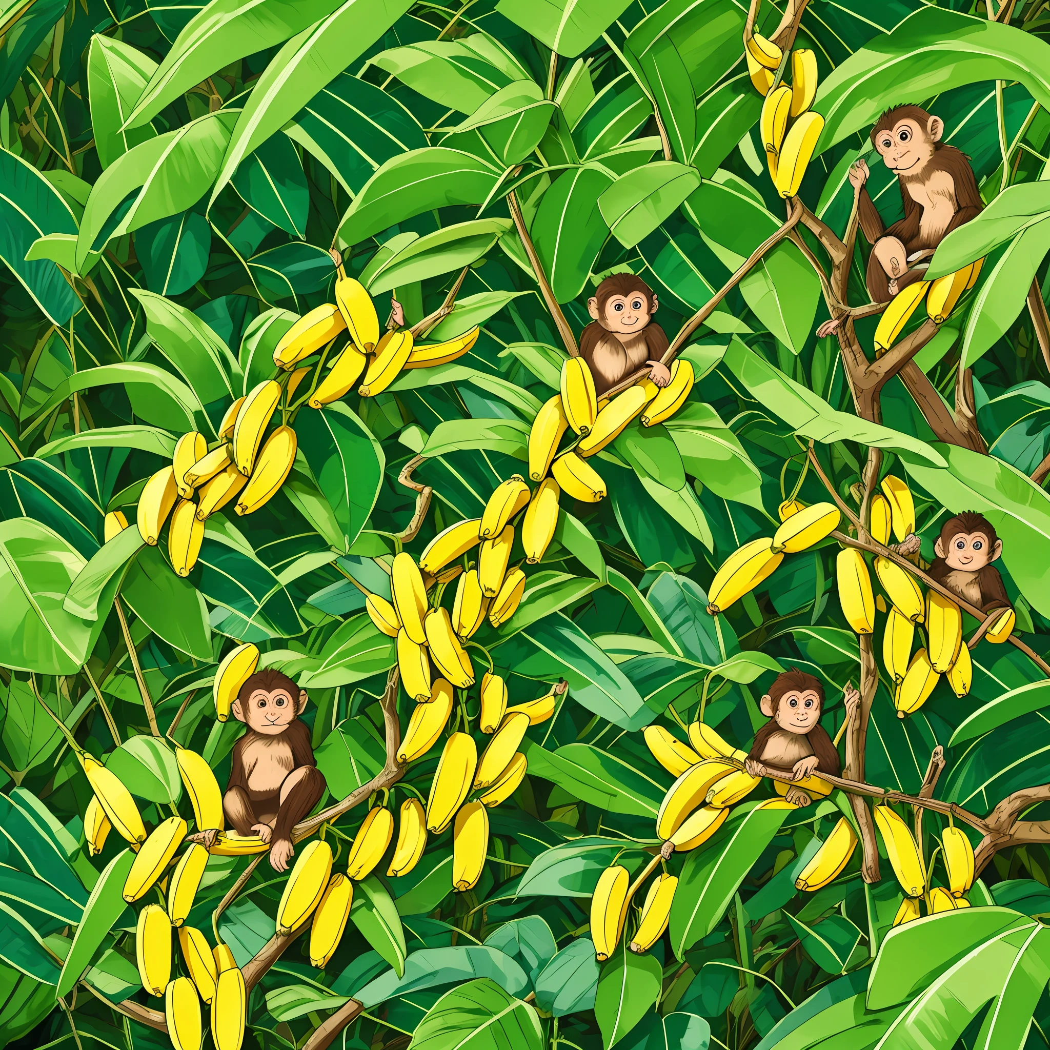 In the middle of a subtropical rainforest,There is a banana bush,There is a very dense cluster of bananas,There is a small monkey next to it picking and eating。k hd,handpainted,cartoony,style of anime。 --auto