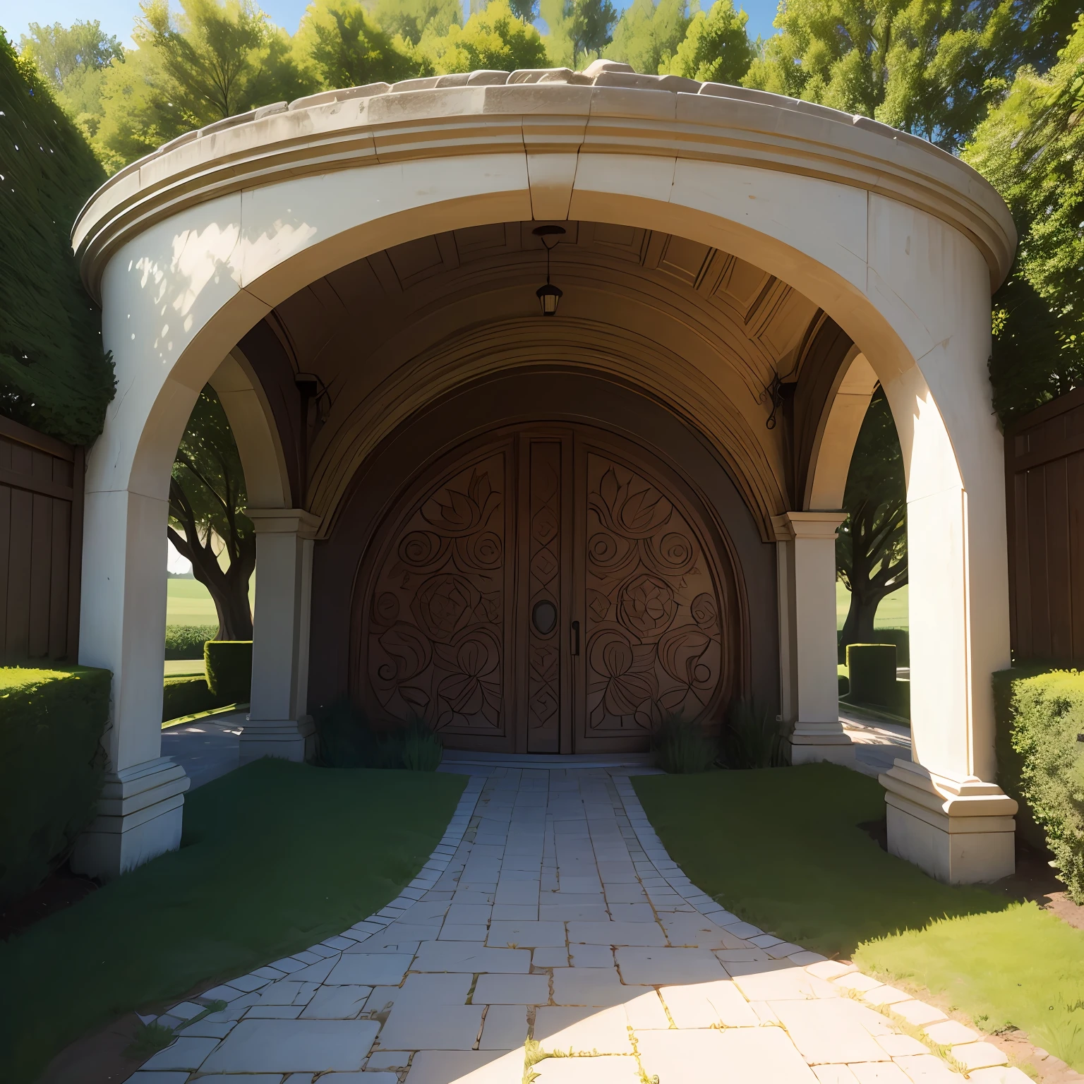Head of the park,Below is the earthen wall material,There are meadows above,Above the door is a sculpture in the shape of an animal running --auto
