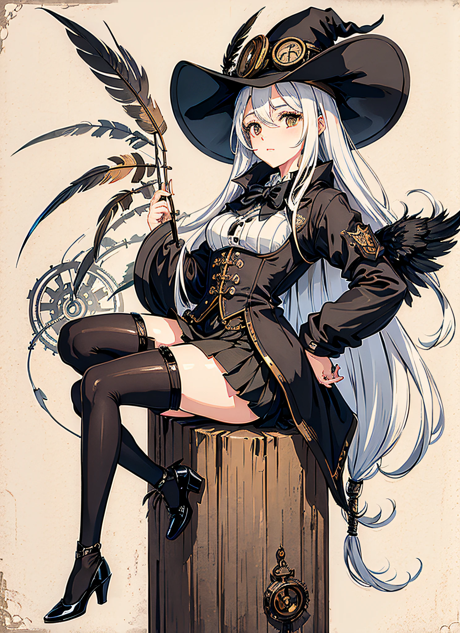 8K,best qualtiy,tmasterpiece,wallpaper hd,1girll, (Steampunk AI:1.1),Normal clothes,Over-the-knee skirt,Long white hair, (black lence stockings:1.1),Big witch hat,Witch costume, (Symmetrical black wings),broom, Dark skin,Feathers falling