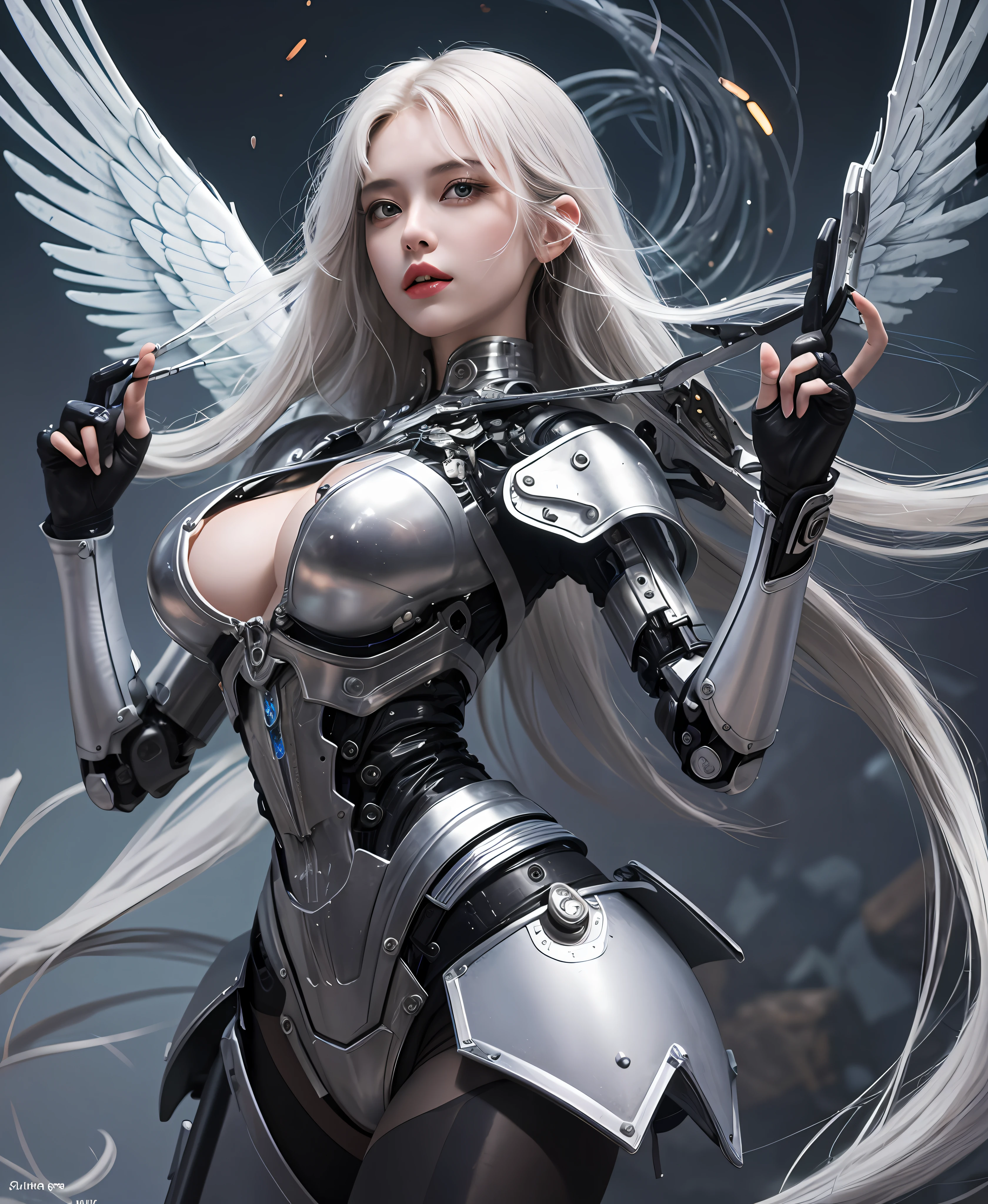 white  hair、long fluttering hair、strong breeze、a purple eye、radiant eyes、Mechanical Angel、large metal wings、Circle of Shining Angels、Steampunk Girl、Colossal tits、The face and chest are alive、Cleavage is visible。photoRealstic、portfolio、White Latex Suit、White porcelain body、Steampunk Metal Mecha Suit、Combat cyborg、Sumerian details、metalic、detailed mechanical components、Bundle of thin tubes、Metal cylinder、Detailed neon、Fine LED、Fine parts、cowboy  shot、character edge light、