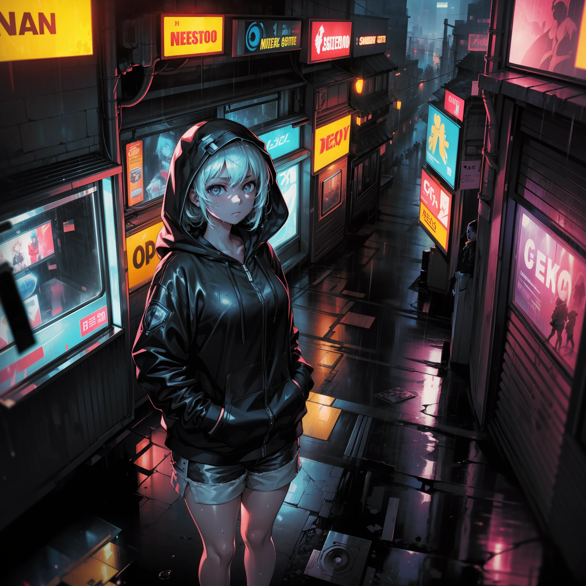 masterpiece, best quality, absurdres, perfect anatomy, standing, 1girl, solo, cyberpunk, science fiction, neon lights, cinematic lighting, night, city, on street, heavy rain, cowboy shot, standing, from above, wide shot, wet, expressionless, hoodie, shorts