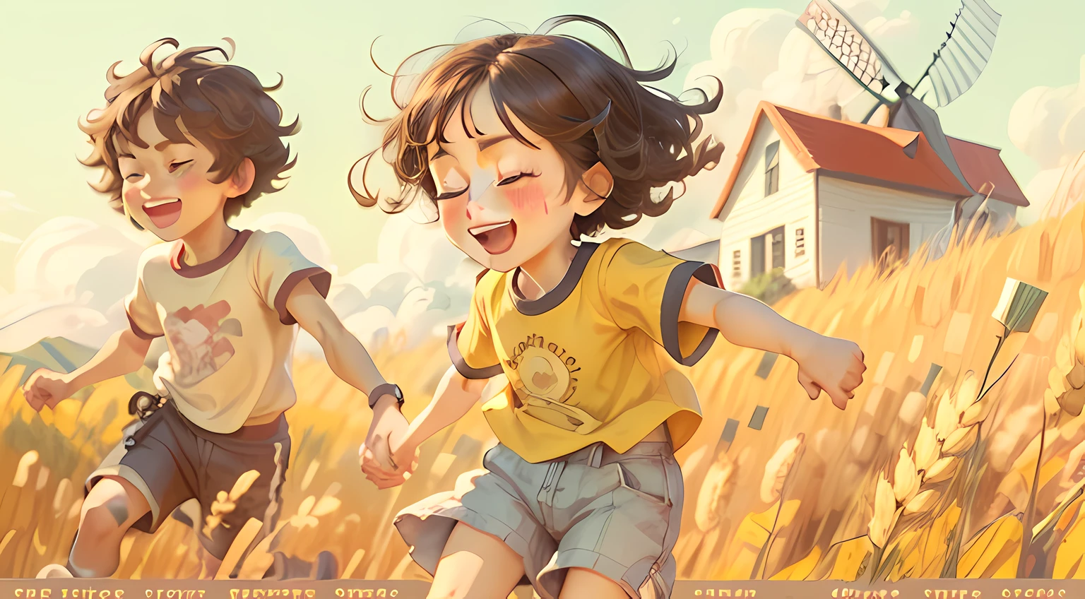 multiple boys, holding hands, multiple girls, sky, smile, shorts, running, A golden wheat field, outdoors, dress, short hair, 3boys, field, 2boys, closed eyes, 2girls, scenery, child, cloud, windmill, house, black hair, shirt, open mouth, brown hair, happy_face, Tile brick house, blind box toy style