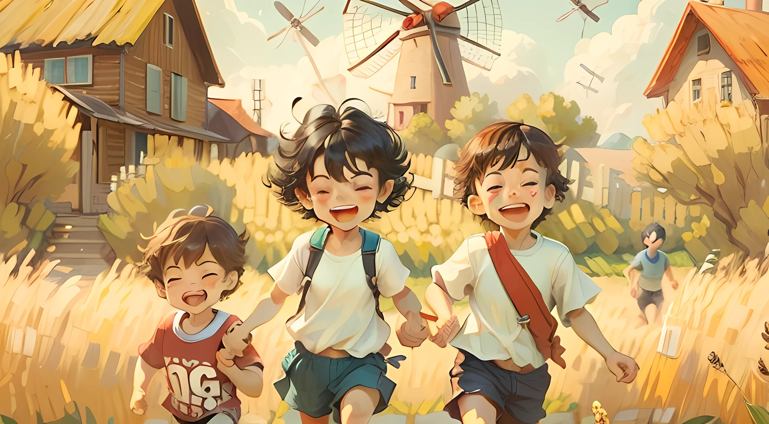 multiple boys, holding hands, multiple girls, sky, smile, shorts, running, A golden wheat field, outdoors, dress, short hair, 3boys, field, 2boys, closed eyes, 2girls, scenery, child, cloud, windmill, house, black hair, shirt, open mouth, brown hair, happy_face, Tile brick house, blind box toy style